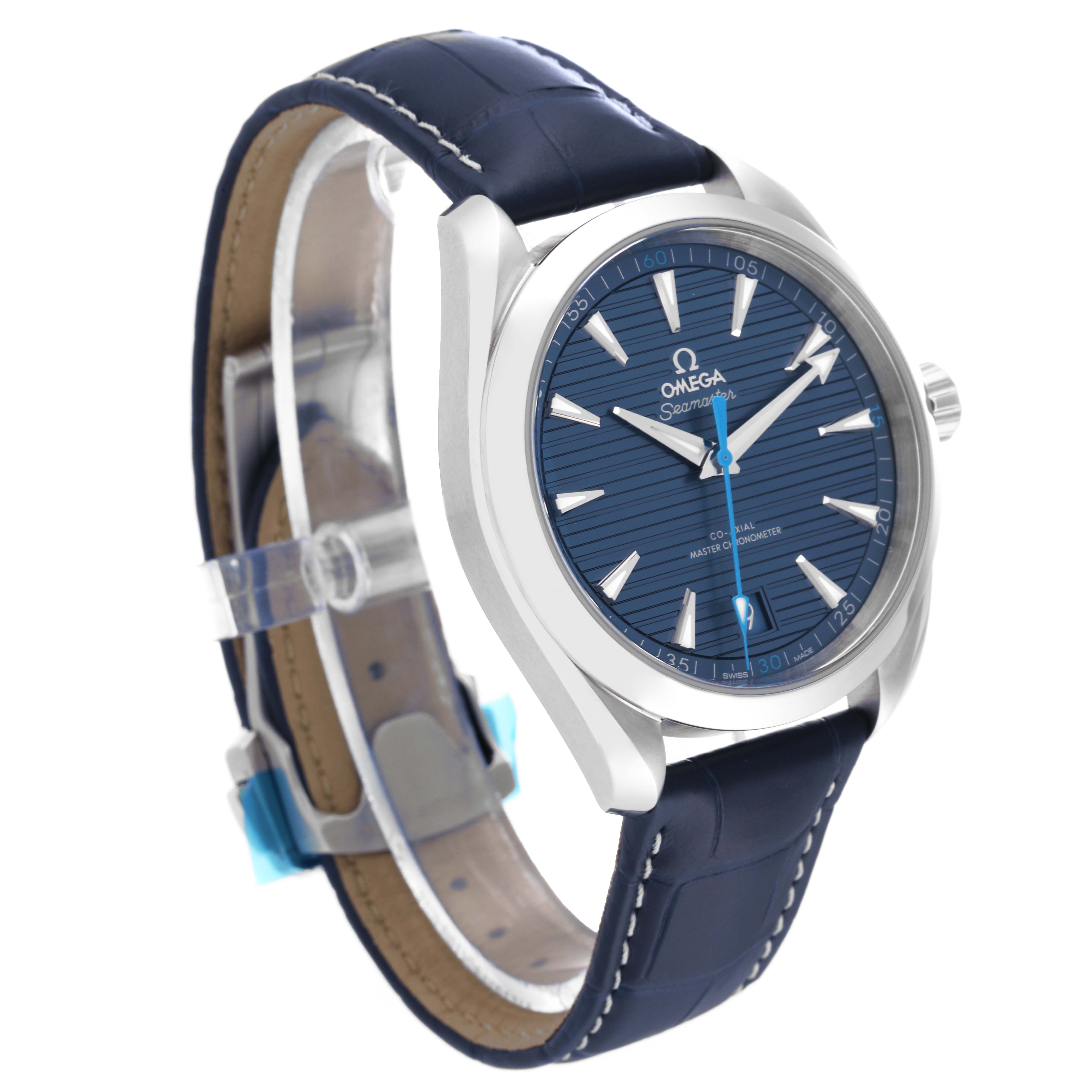 The image shows an Omega Aqua Terra 220.13.41.21.03.002 Men
s Stainless Steel Blue Dial 220.13.41.21.03.002 Men
s Stainless Steel Blue Dial watch at a three-quarter angle, displaying the face, bezel, and leather strap.