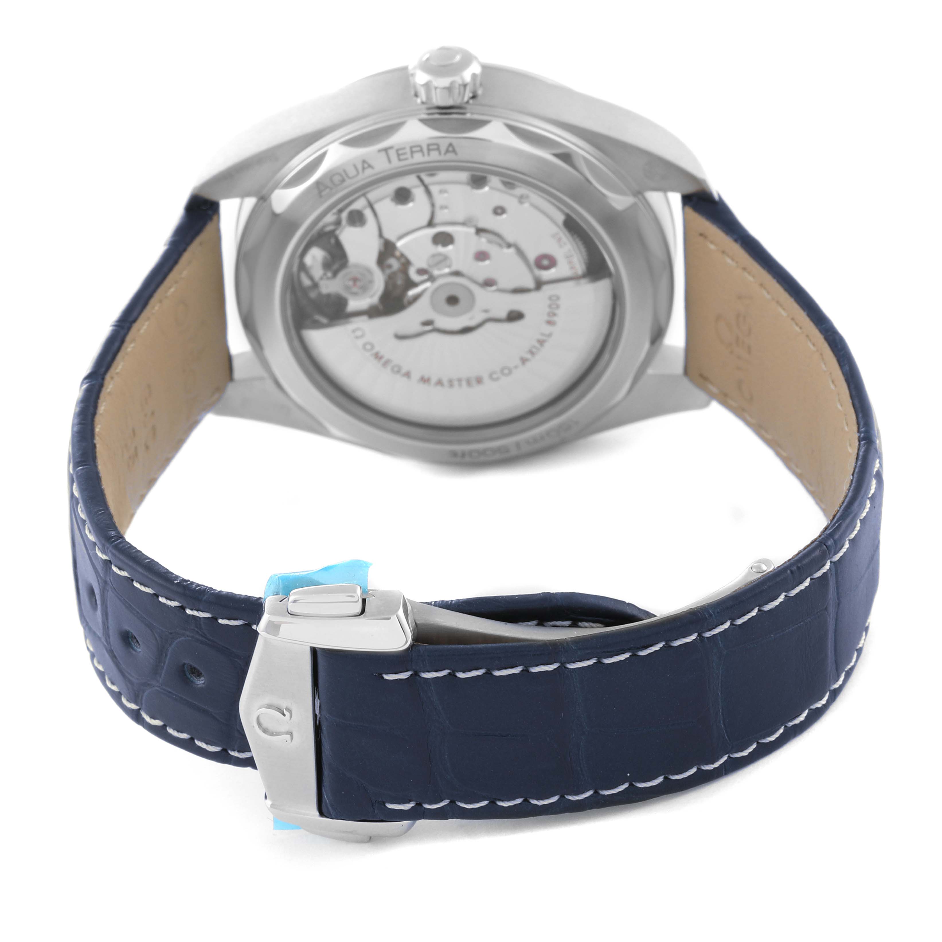This image shows the back view of the Omega Aqua Terra 220.13.41.21.03.002 Men
s Stainless Steel Blue Dial 220.13.41.21.03.002 Men
s Stainless Steel Blue Dial watch, highlighting its movement and clasp on the blue leather strap.