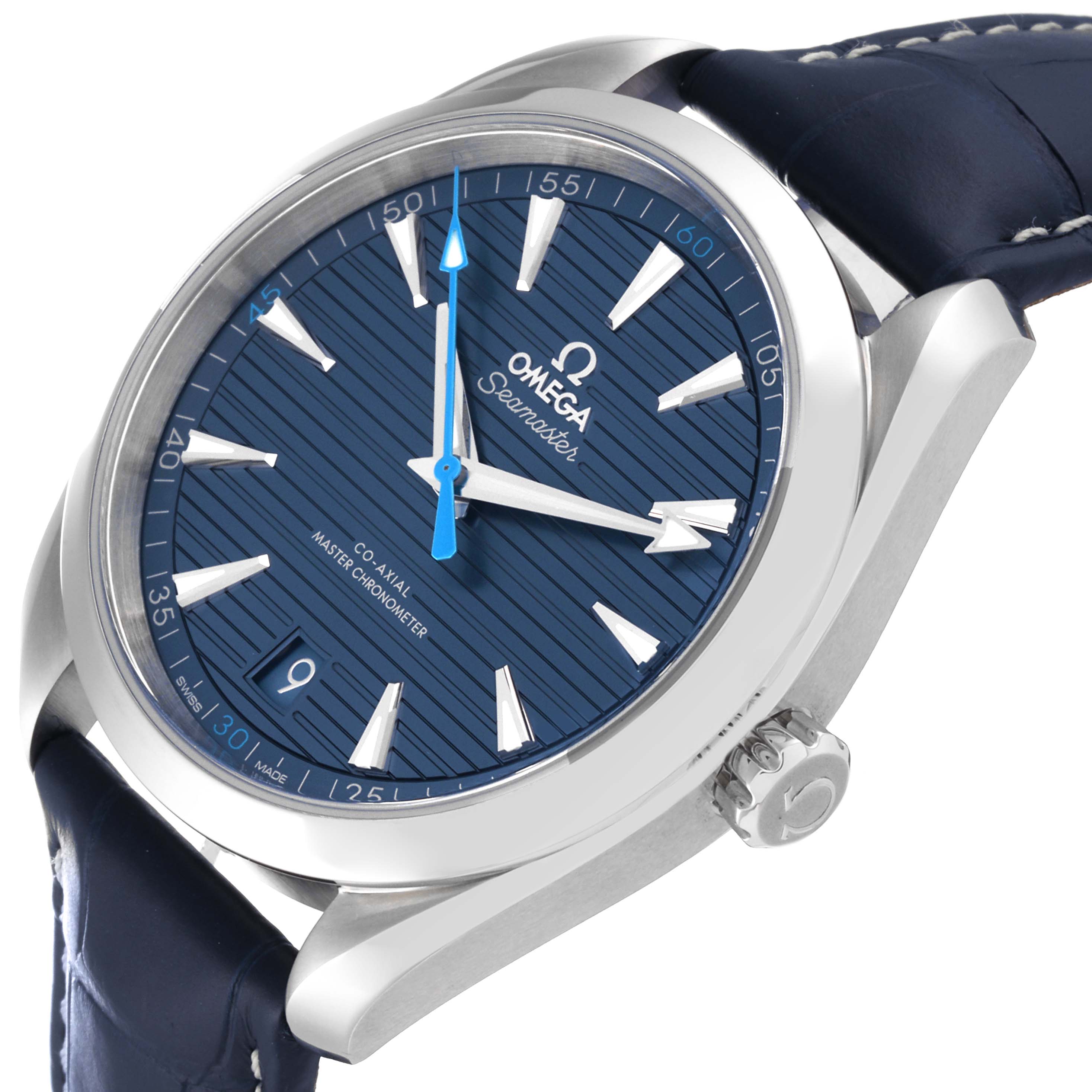 The image shows an angled view of the Omega Aqua Terra 220.13.41.21.03.002 Men
s Stainless Steel Blue Dial 220.13.41.21.03.002 Men
s Stainless Steel Blue Dial watch, focusing on its blue dial, crown, and blue strap.