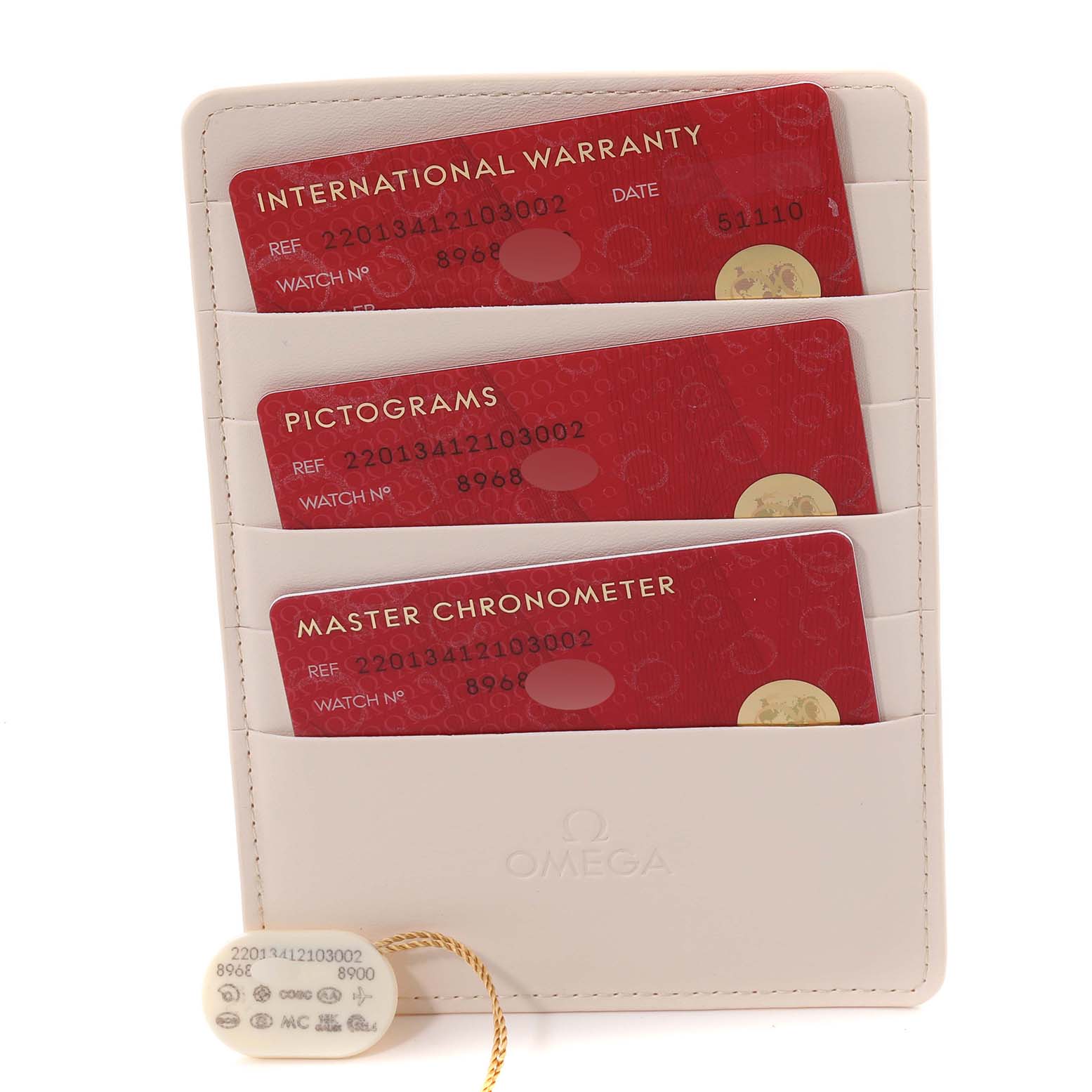 This image shows the warranty cards and a tag for the Omega Aqua Terra 220.13.41.21.03.002 Men
s Stainless Steel Blue Dial 220.13.41.21.03.002 Men
s Stainless Steel Blue Dial model, displayed in a card holder.