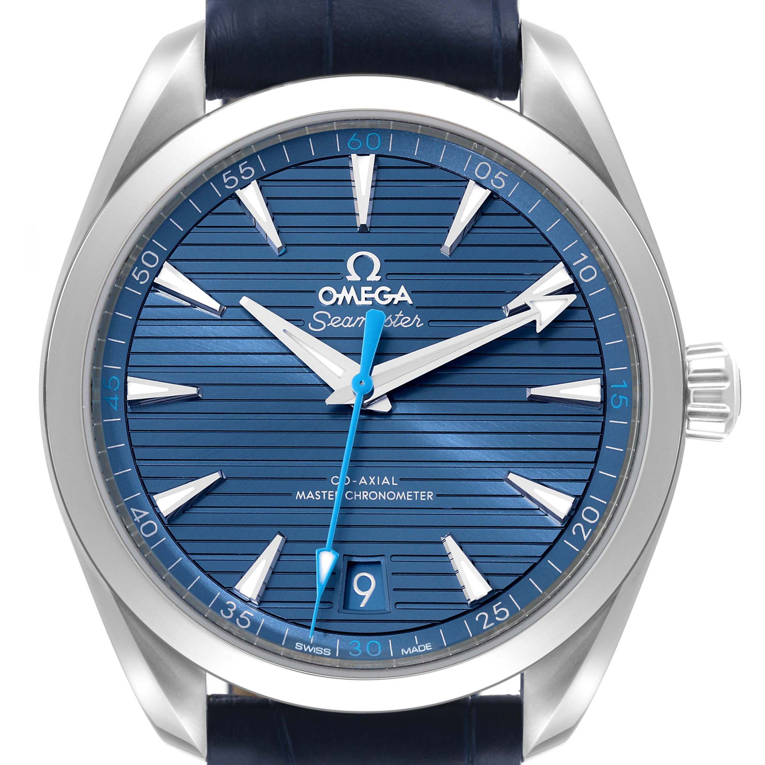 This image shows a frontal view of the Omega Aqua Terra 220.13.41.21.03.002 Men
s Stainless Steel Blue Dial 220.13.41.21.03.002 Men
s Stainless Steel Blue Dial watch, highlighting its blue dial, hour markers, and the date window.