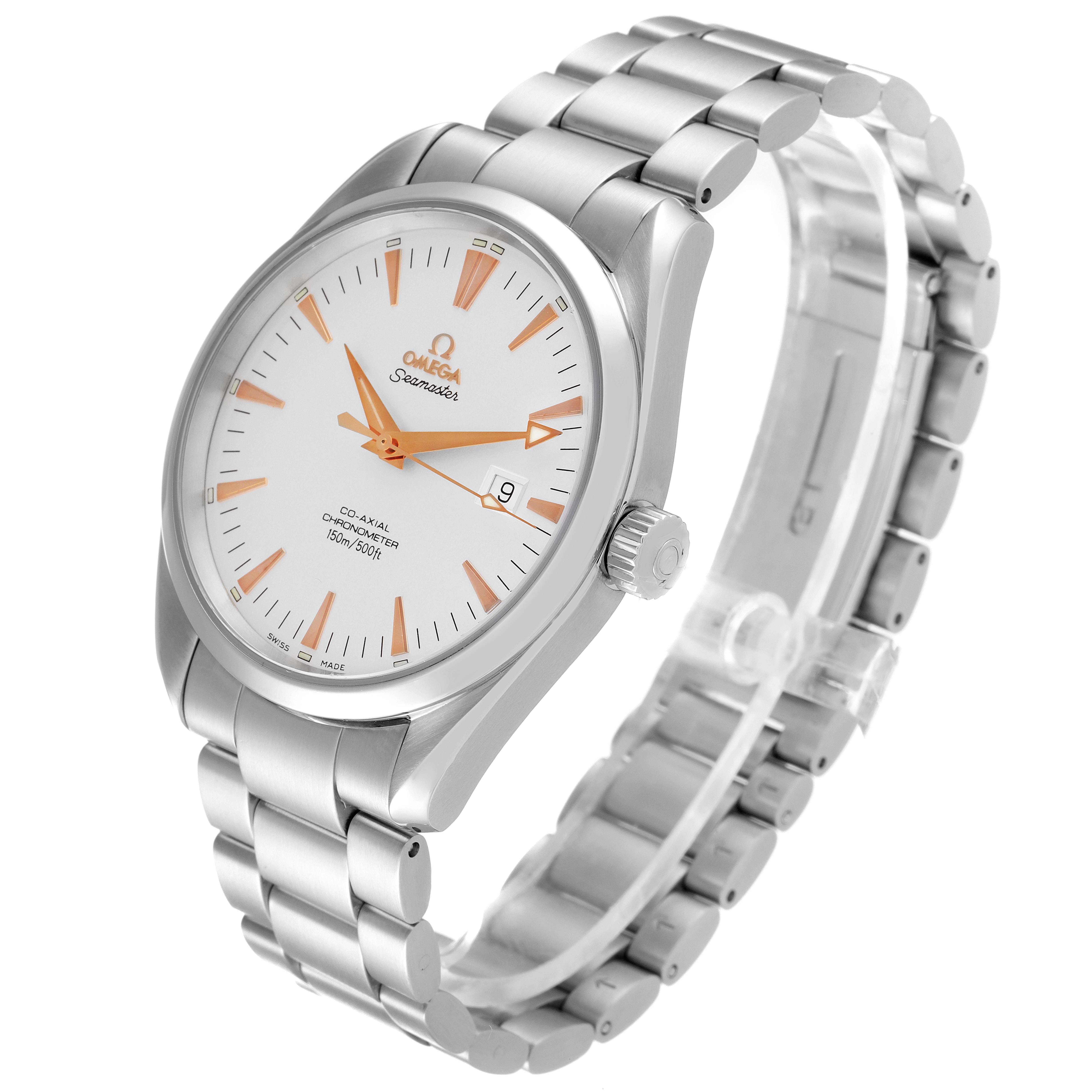 The Omega Aqua Terra 2502.34.00 Men's Stainless Steel Silver Dial 2502.34.00 Men's Stainless Steel Silver Dial watch is shown at an angle displaying the face, crown, and metal bracelet.