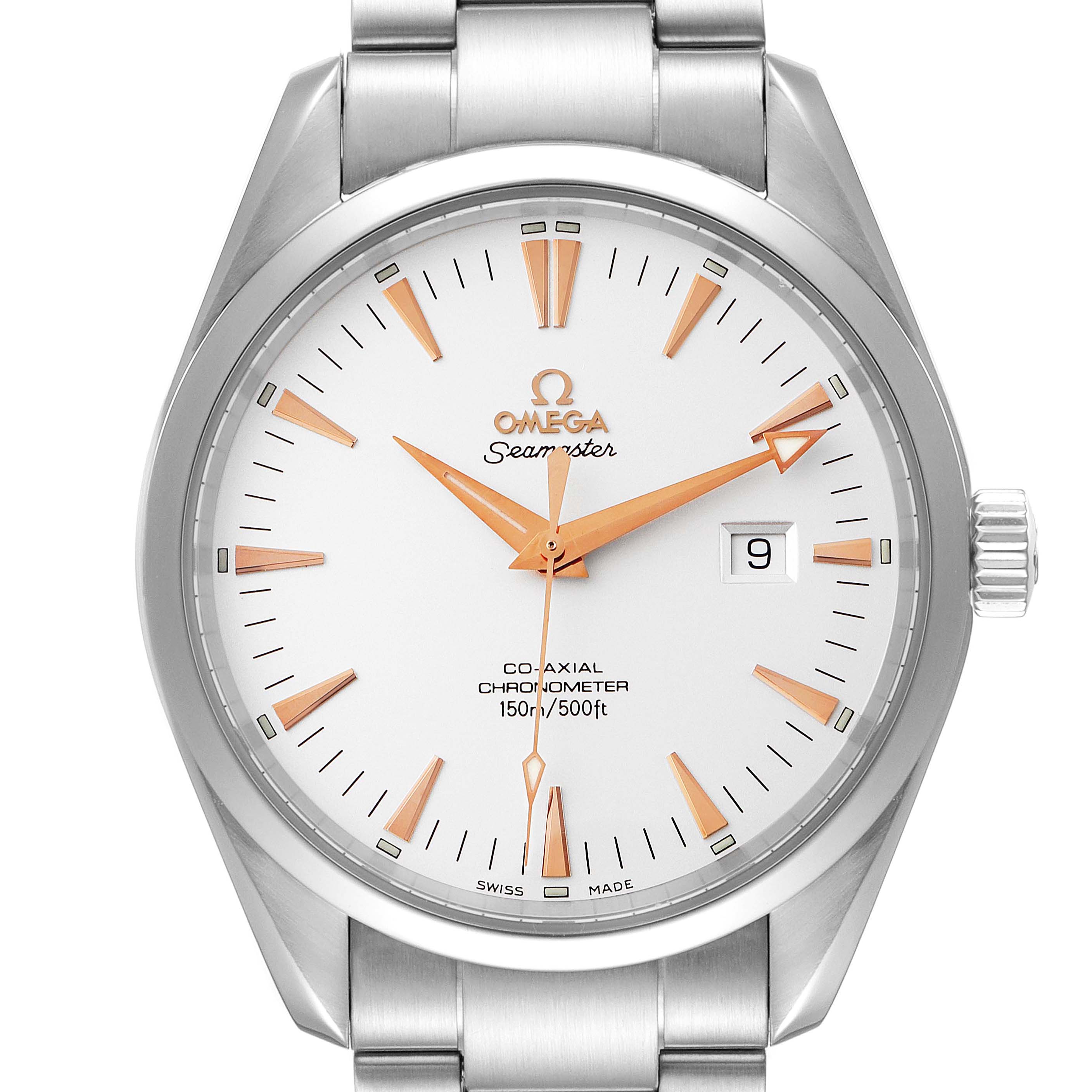 The Omega Aqua Terra 2502.34.00 Men's Stainless Steel Silver Dial 2502.34.00 Men's Stainless Steel Silver Dial watch is shown from a front angle, displaying the face, hands, indices, crown, and part of the bracelet.