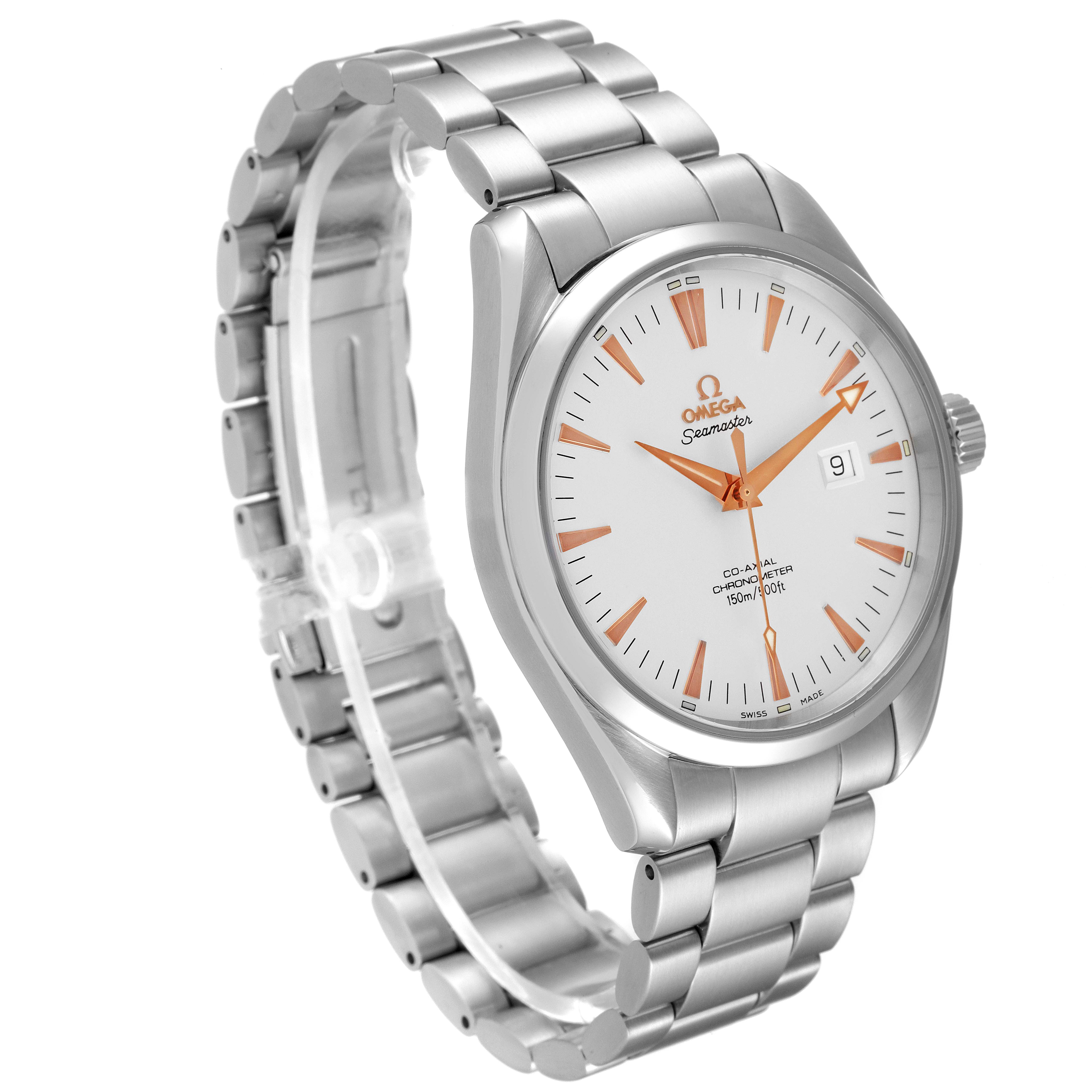 The Omega Aqua Terra 2502.34.00 Men's Stainless Steel Silver Dial 2502.34.00 Men's Stainless Steel Silver Dial watch is shown at a three-quarter angle, displaying its face, crown, and bracelet.