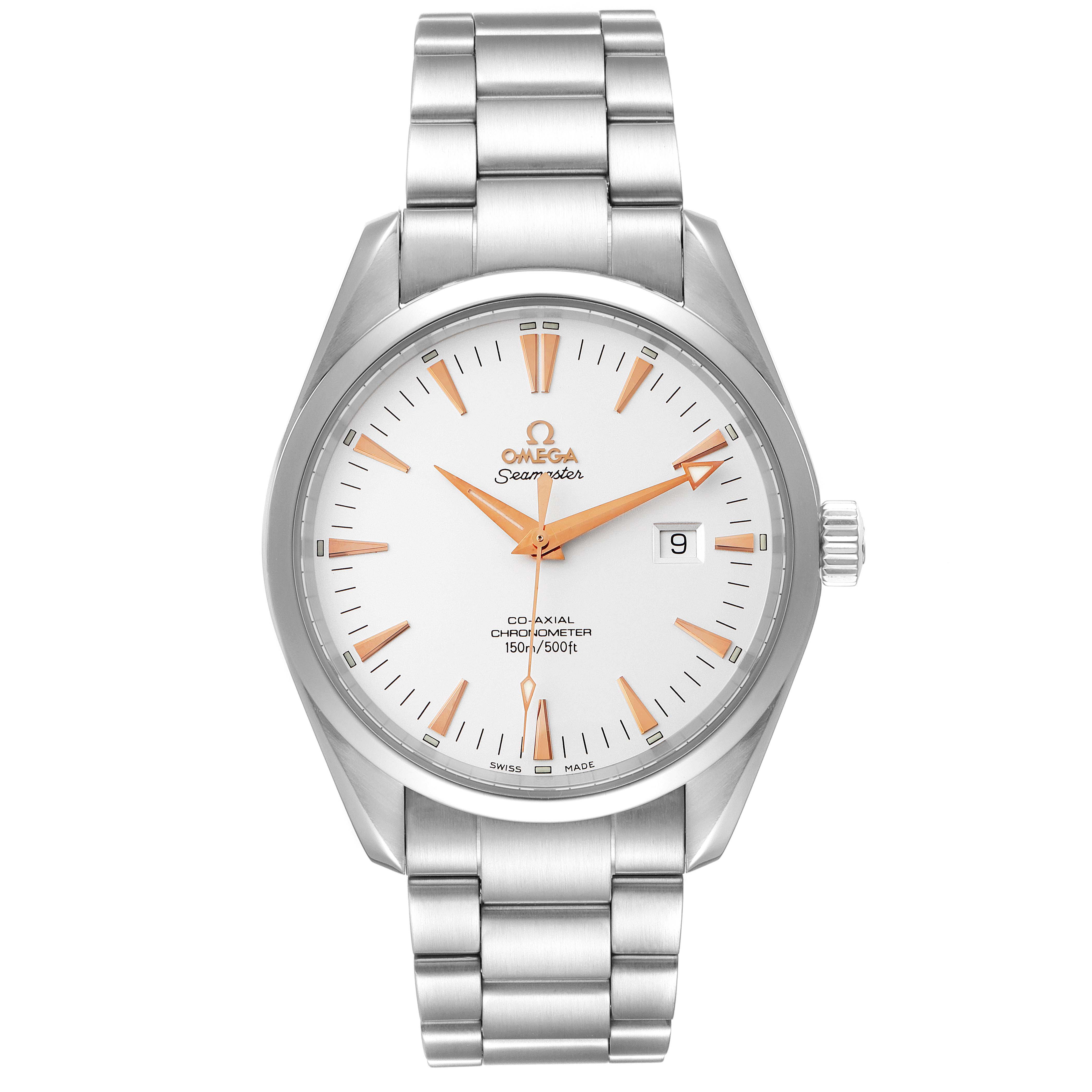 The Omega Aqua Terra 2502.34.00 Men's Stainless Steel Silver Dial 2502.34.00 Men's Stainless Steel Silver Dial watch is shown from the front, displaying its face and bracelet.