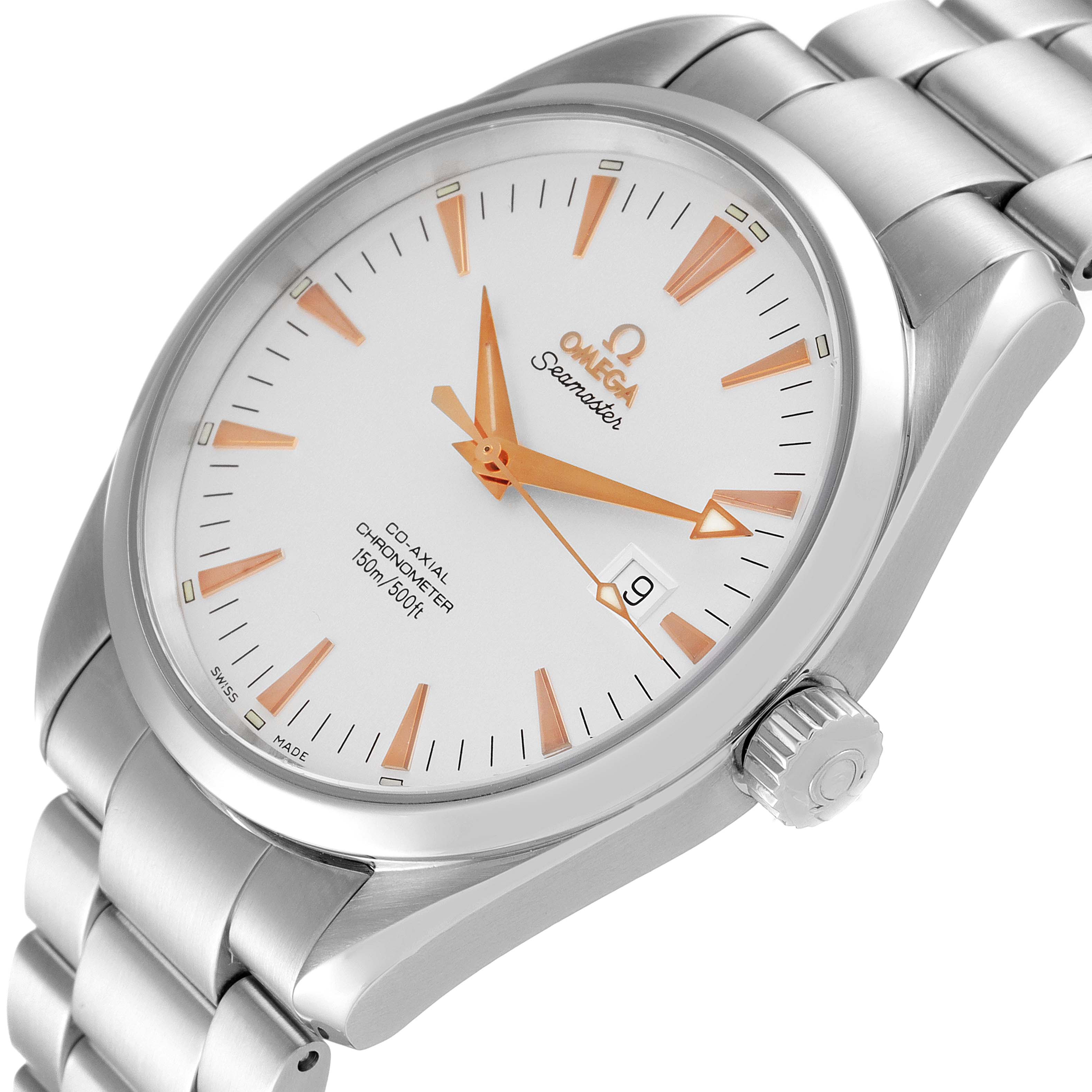 The image shows a close-up angle of an Omega Aqua Terra 2502.34.00 Men's Stainless Steel Silver Dial 2502.34.00 Men's Stainless Steel Silver Dial watch, focusing on its dial, crown, and part of the bracelet.