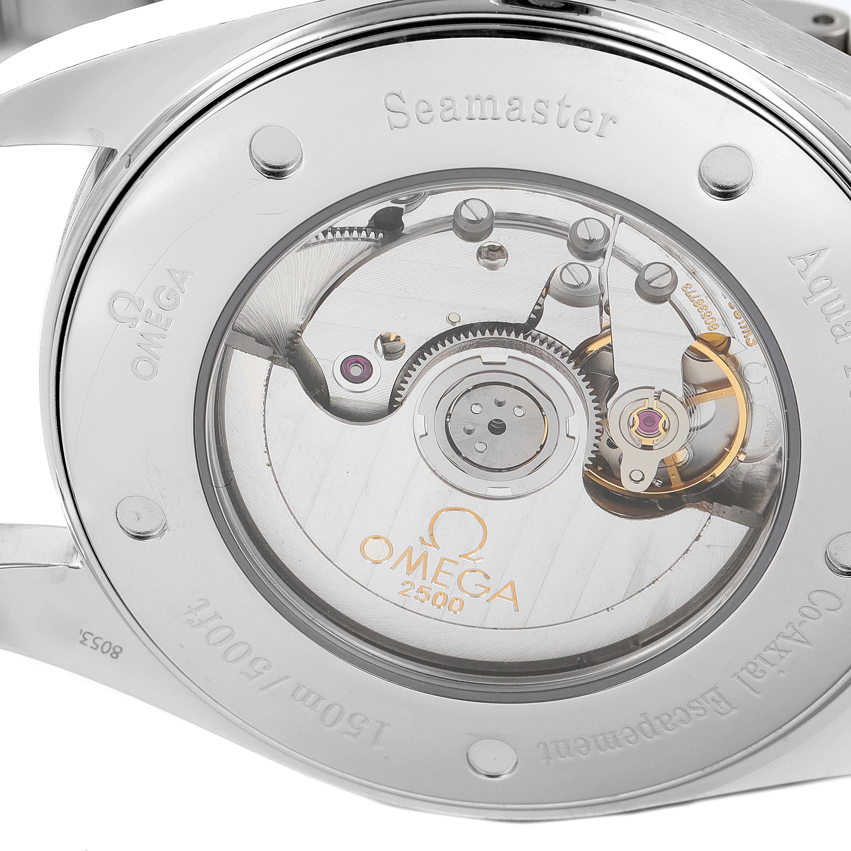 The image shows the case back of the Omega Aqua Terra 2502.34.00 Men's Stainless Steel Silver Dial 2502.34.00 Men's Stainless Steel Silver Dial Seamaster, displaying its 2500 co-axial movement mechanism.