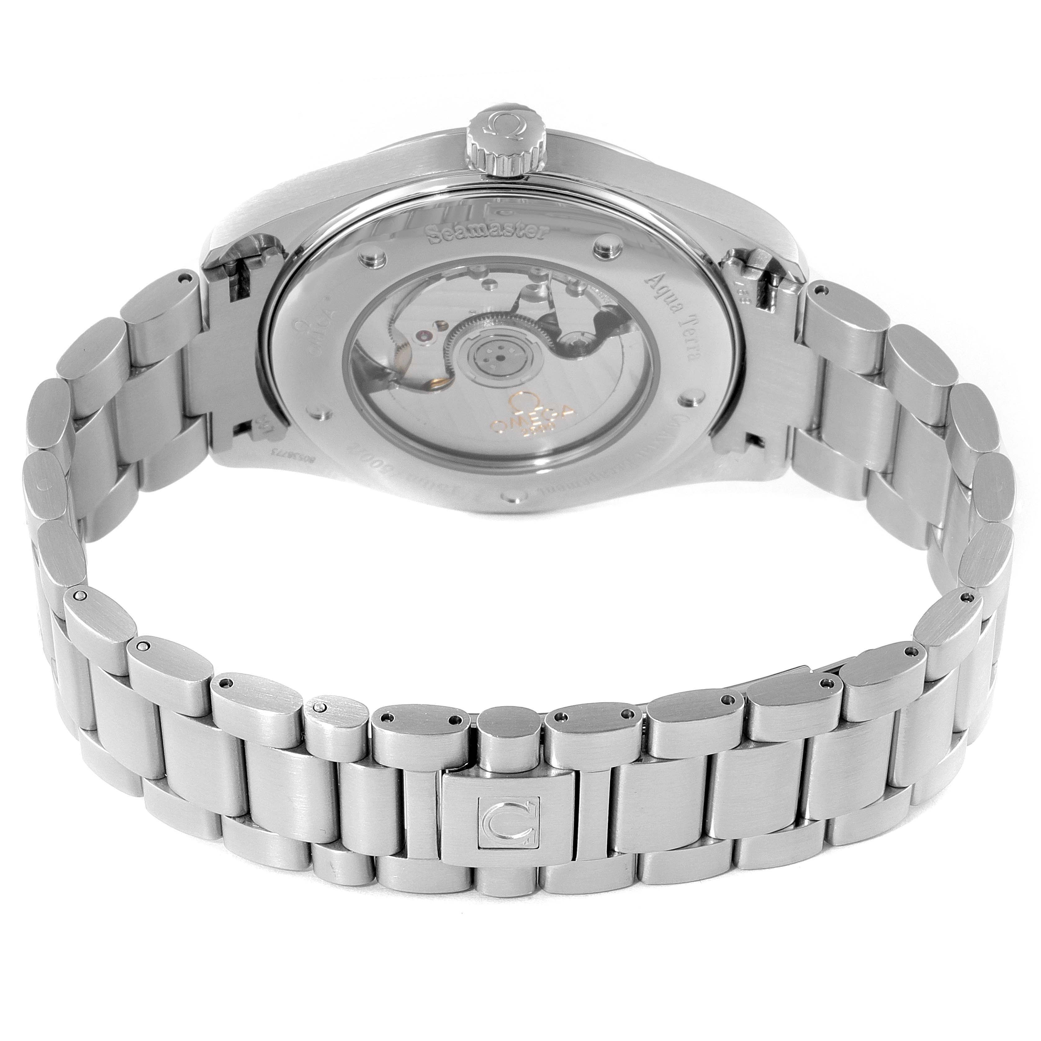 The image shows the Omega Aqua Terra 2502.34.00 Men's Stainless Steel Silver Dial 2502.34.00 Men's Stainless Steel Silver Dial watch from the back, highlighting its stainless steel bracelet and transparent case back.