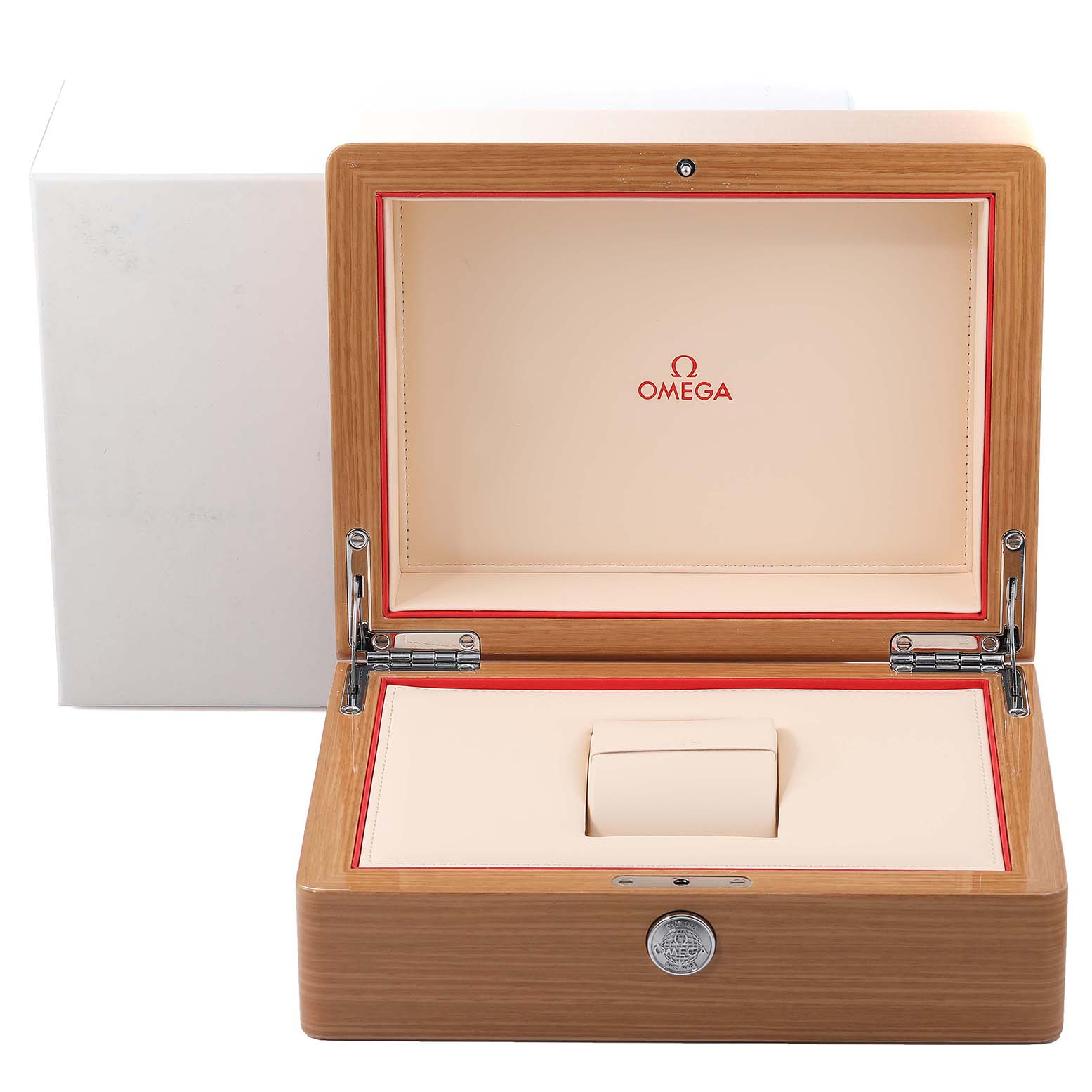 This image shows an open wooden watch box for the Omega Aqua Terra 231.10.39.60.06.001 Men's Stainless Steel Grey Dial 231.10.39.60.06.001 Men's Stainless Steel Grey Dial model, displaying its interior cushion and branding.