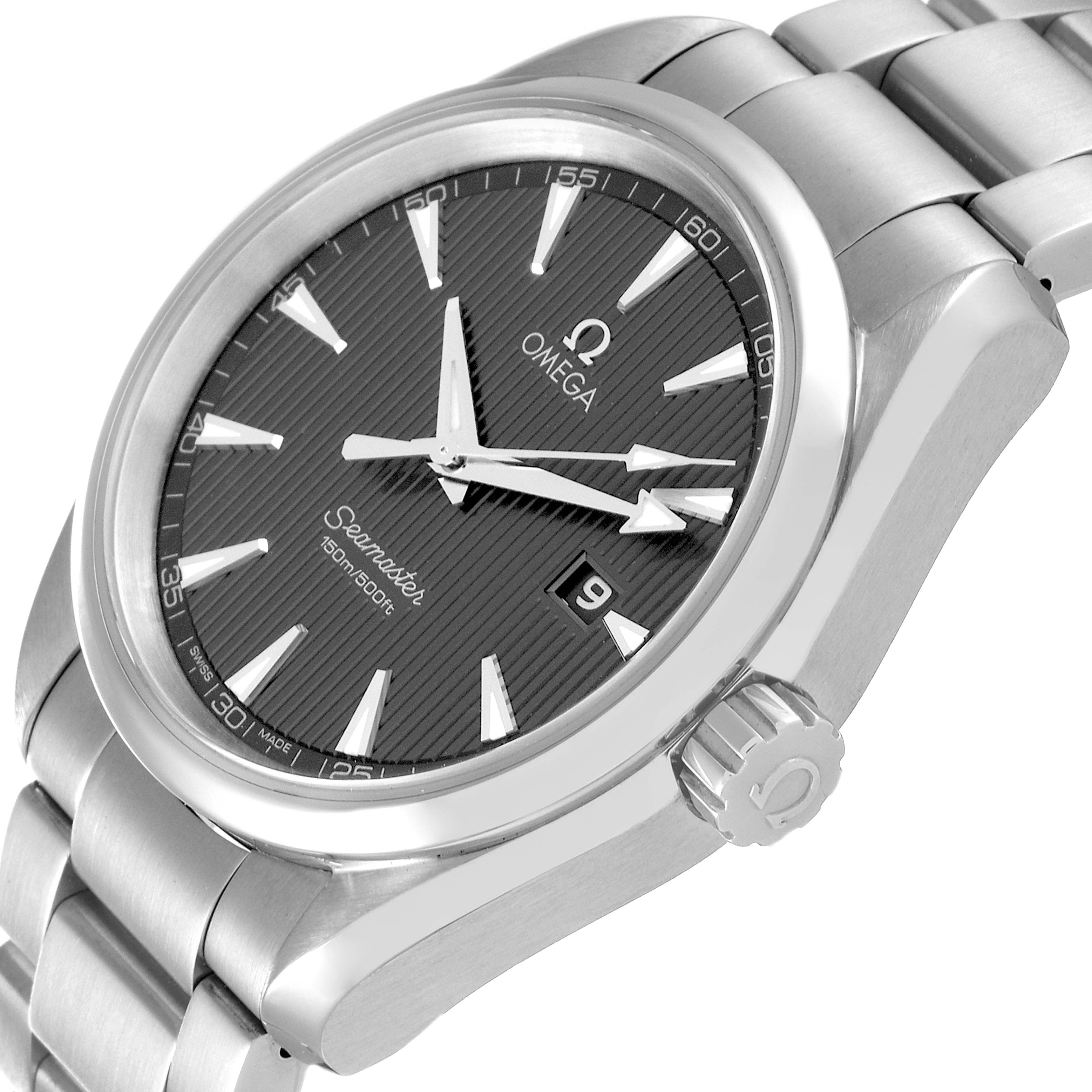 The image shows a close-up angle of the Omega Aqua Terra 231.10.39.60.06.001 Men's Stainless Steel Grey Dial 231.10.39.60.06.001 Men's Stainless Steel Grey Dial watch, highlighting the watch face, hands, bracelet, and crown.