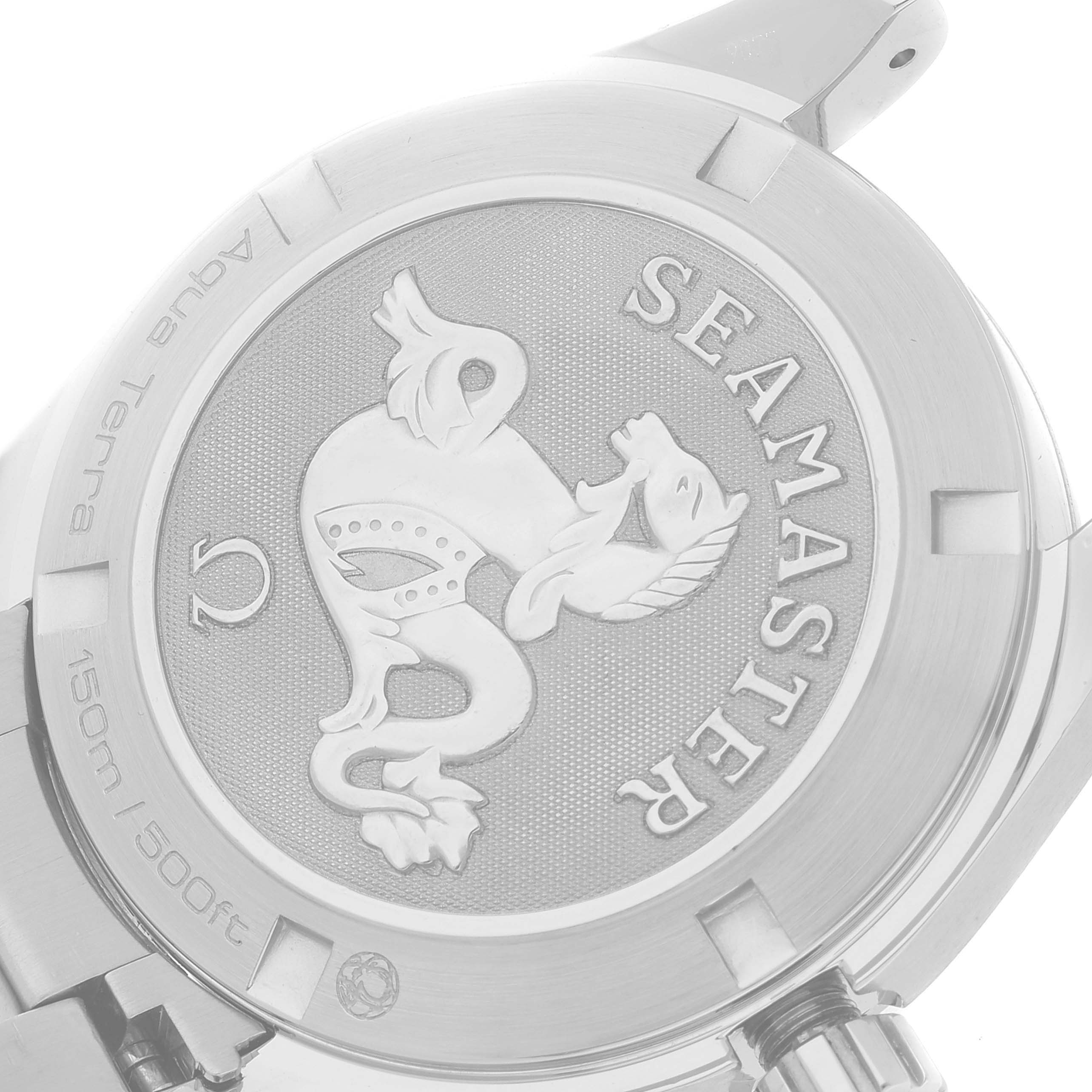 The image shows the case back of the Omega Aqua Terra 231.10.39.60.06.001 Men's Stainless Steel Grey Dial 231.10.39.60.06.001 Men's Stainless Steel Grey Dial Seamaster watch, showcasing its engraved logo and depth rating.