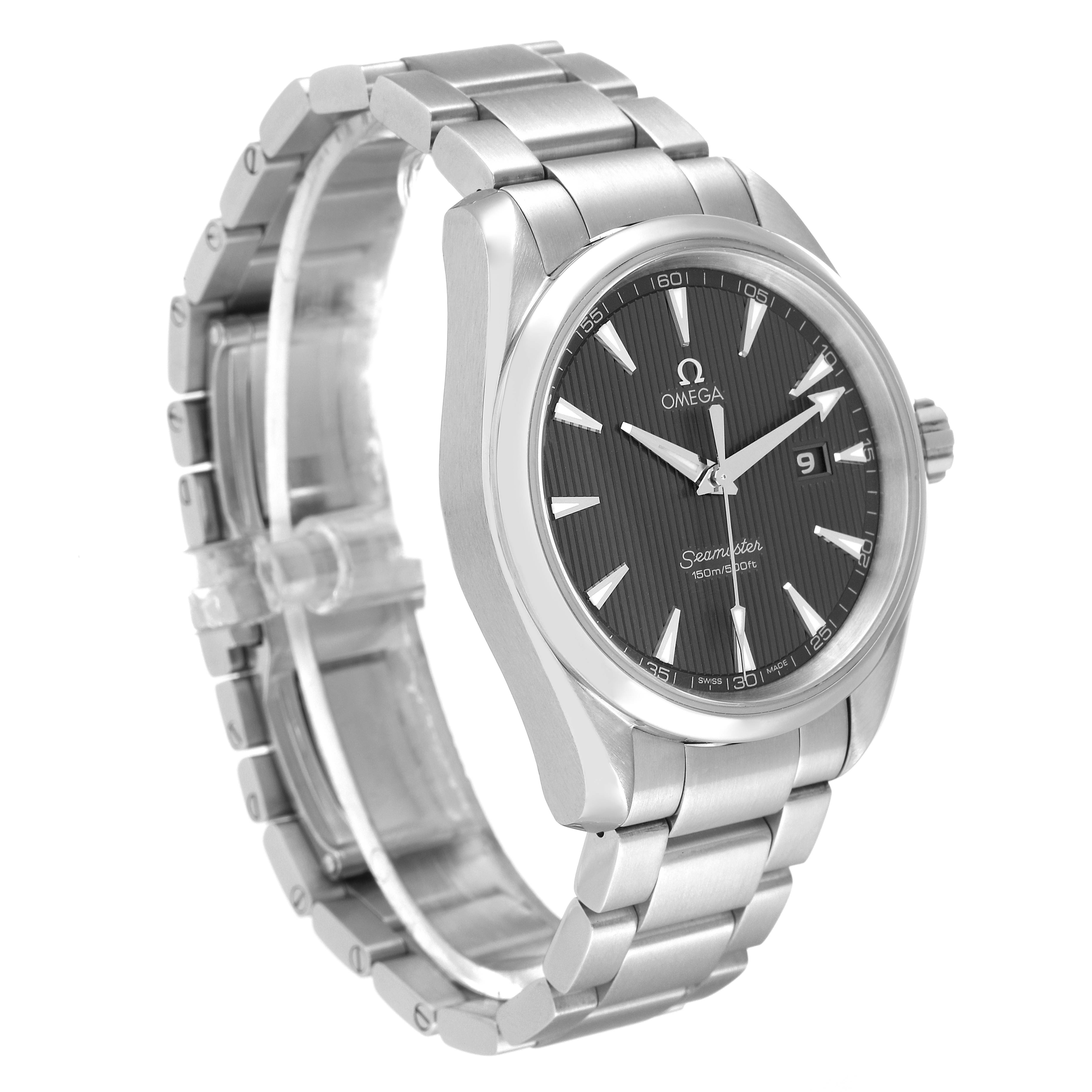 The Omega Aqua Terra 231.10.39.60.06.001 Men's Stainless Steel Grey Dial 231.10.39.60.06.001 Men's Stainless Steel Grey Dial watch is shown at a three-quarter angle, displaying the face, bezel, crown, and part of the bracelet.