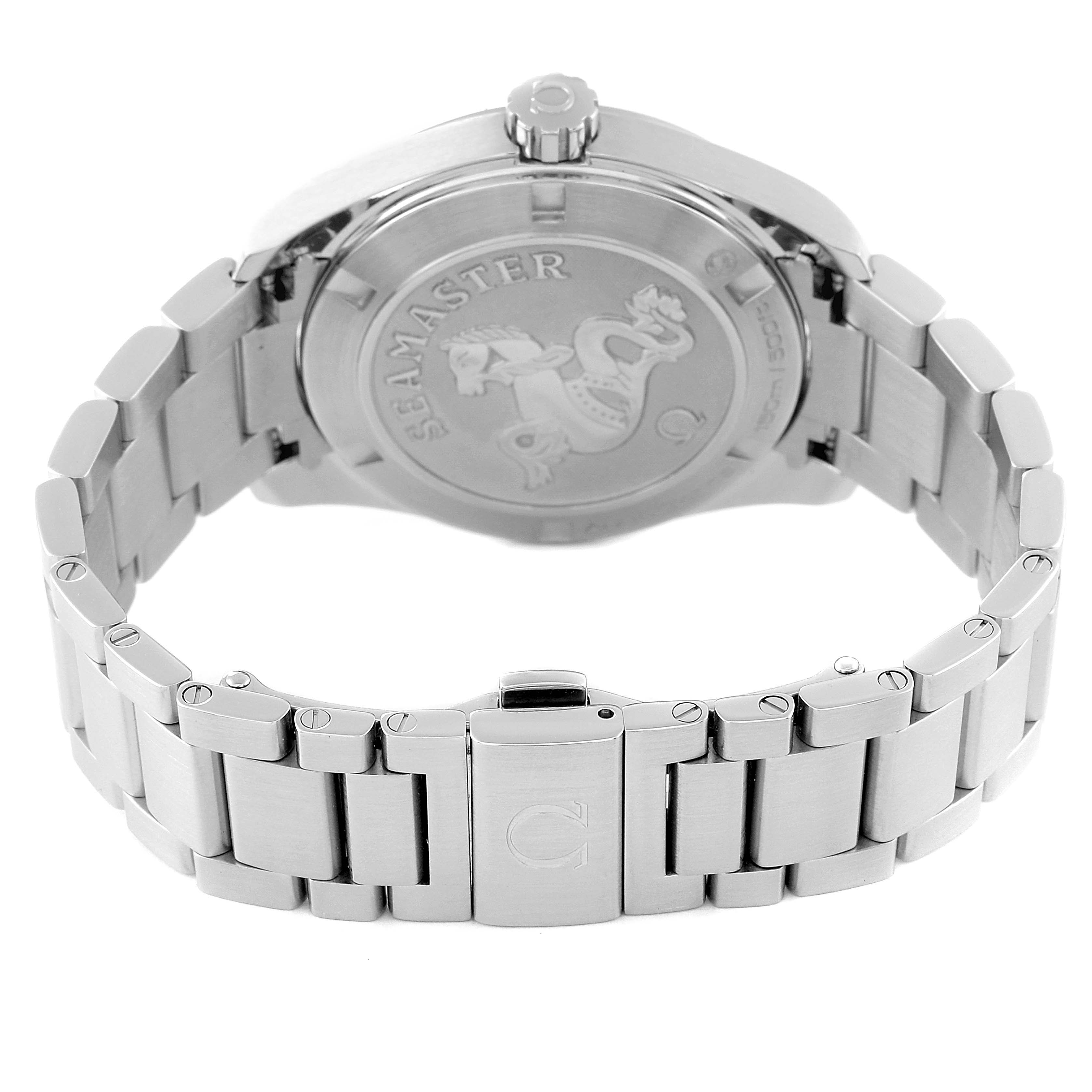 This image shows the back casing and bracelet of the Omega Aqua Terra 231.10.39.60.06.001 Men's Stainless Steel Grey Dial 231.10.39.60.06.001 Men's Stainless Steel Grey Dial watch at a rear angle, highlighting the Seamaster engraving.