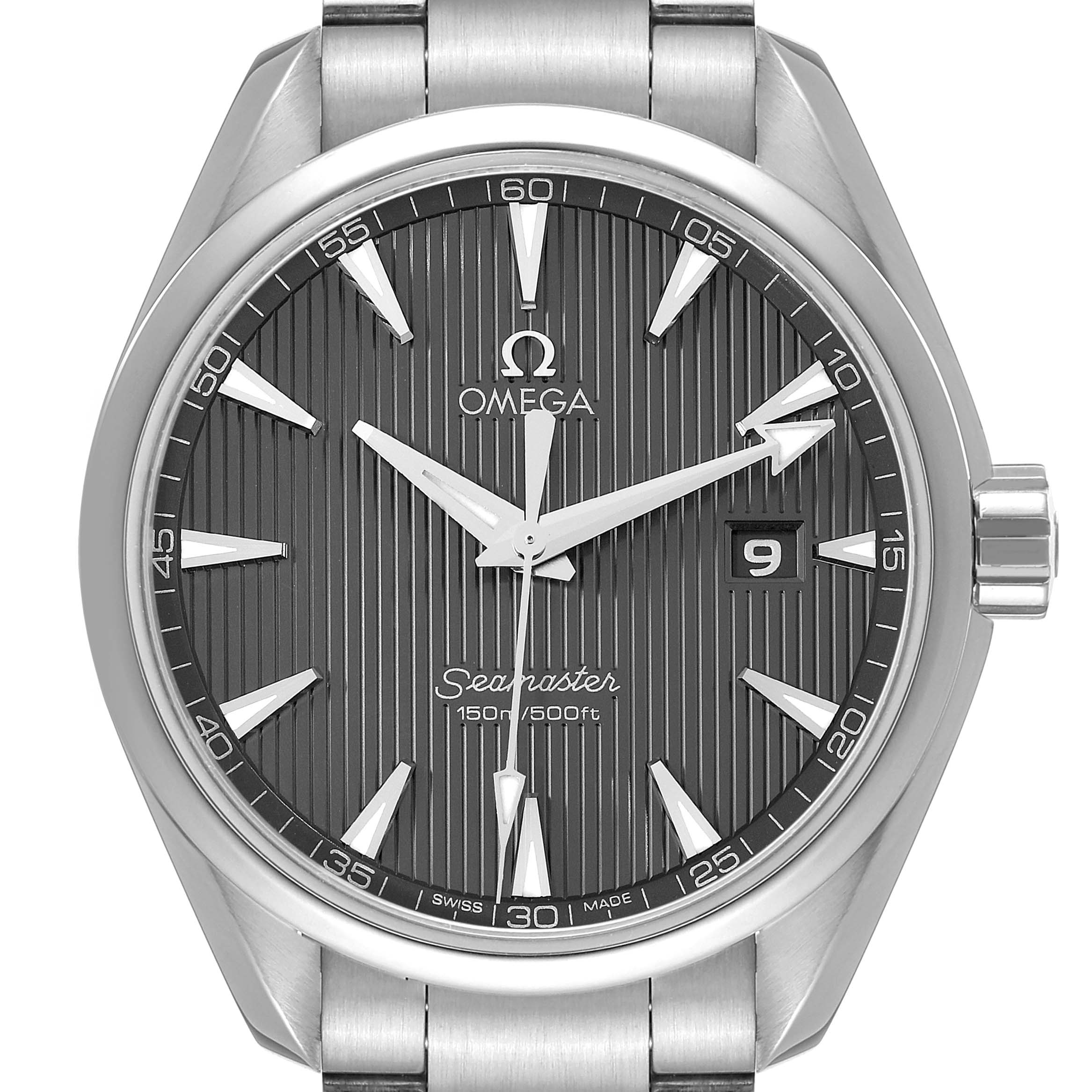 This is a front view of the Omega Aqua Terra 231.10.39.60.06.001 Men's Stainless Steel Grey Dial 231.10.39.60.06.001 Men's Stainless Steel Grey Dial Seamaster watch, showcasing the face, hands, date window, and part of the band.