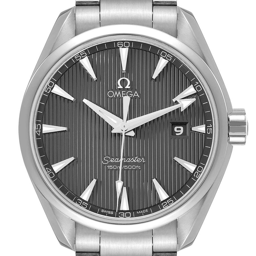 This is a front view of the Omega Aqua Terra Seamaster watch, showcasing the face, hands, date window, and part of the band.