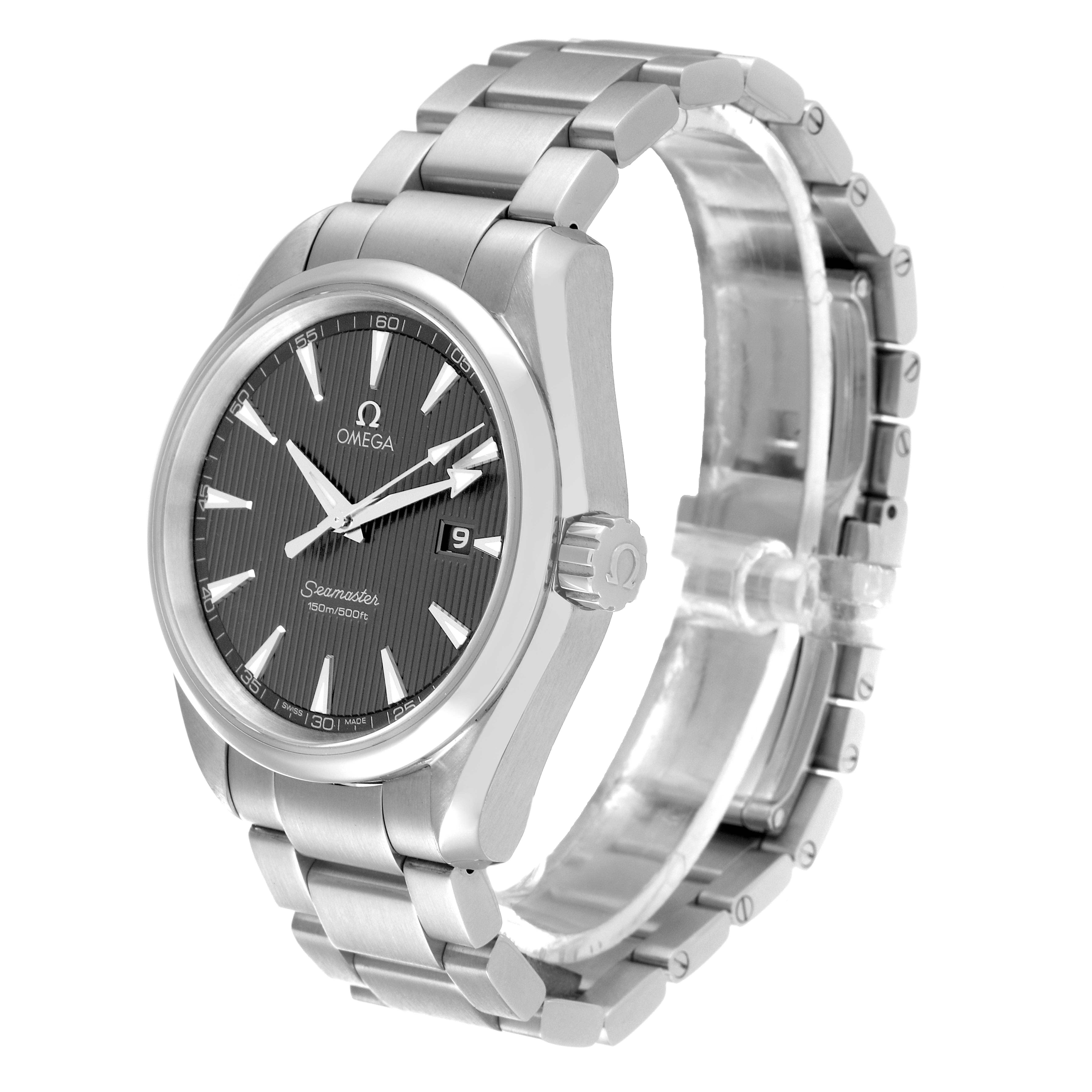 The image shows an Omega Aqua Terra 231.10.39.60.06.001 Men's Stainless Steel Grey Dial 231.10.39.60.06.001 Men's Stainless Steel Grey Dial watch at an angle displaying the face, bezel, crown, and part of the bracelet.