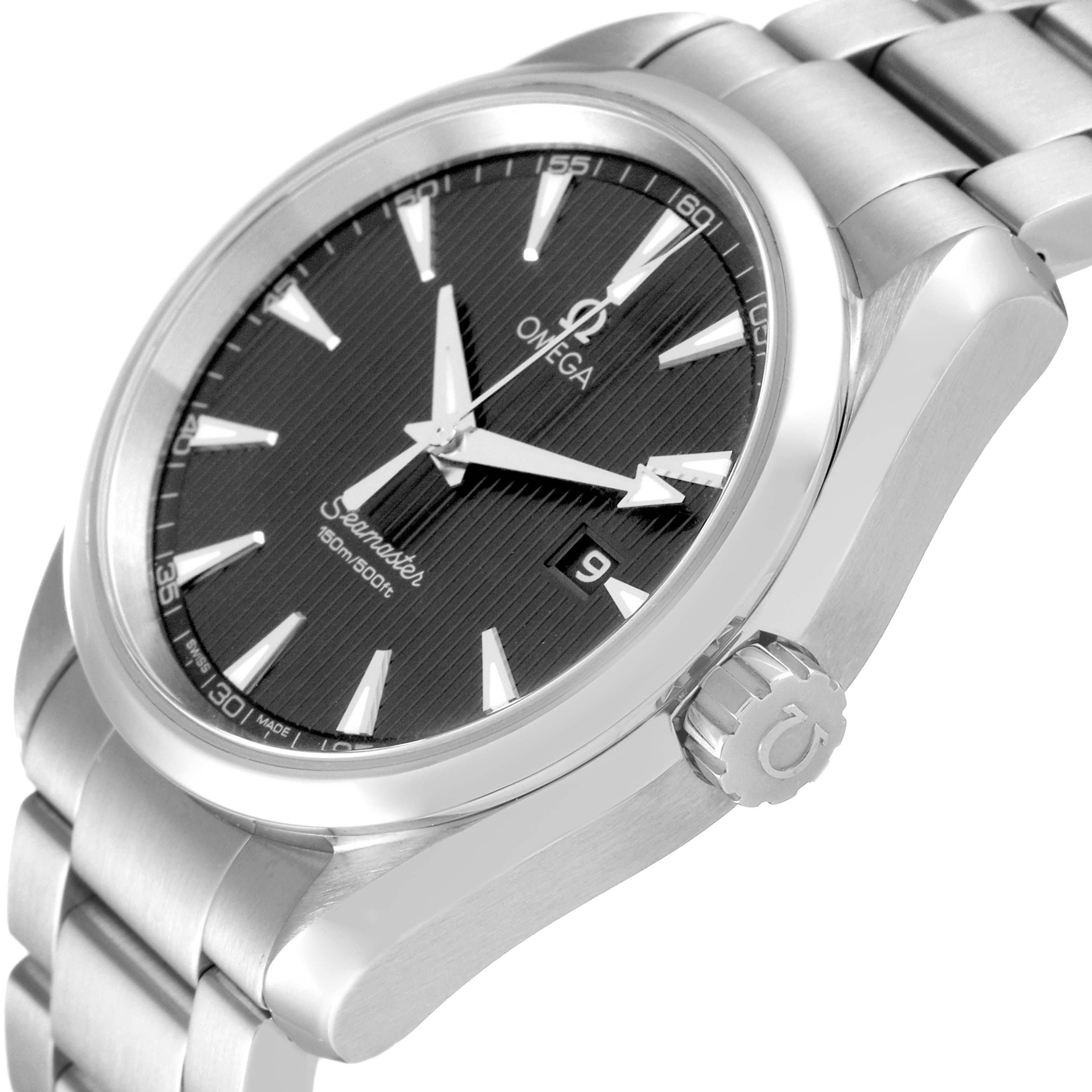 The image shows a close-up of the Omega Aqua Terra 231.10.39.61.06.001 Men's Stainless Steel Grey Dial 231.10.39.61.06.001 Men's Stainless Steel Grey Dial watch at an angle highlighting the face, bezel, and crown.