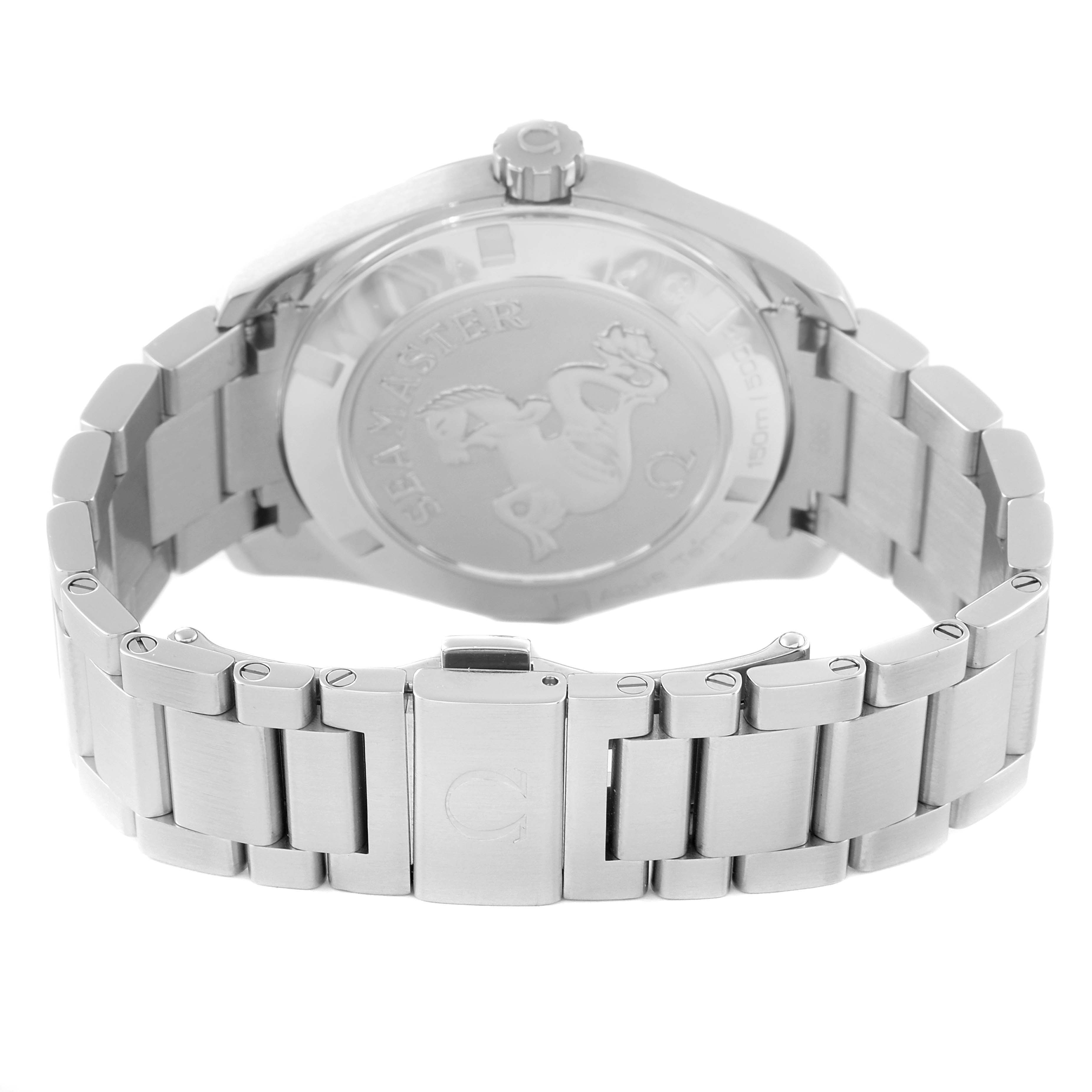 The image shows the back and sides of the Omega Aqua Terra 231.10.39.61.06.001 Men's Stainless Steel Grey Dial 231.10.39.61.06.001 Men's Stainless Steel Grey Dial watch, focusing on the bracelet and case back with the inscription and logo.