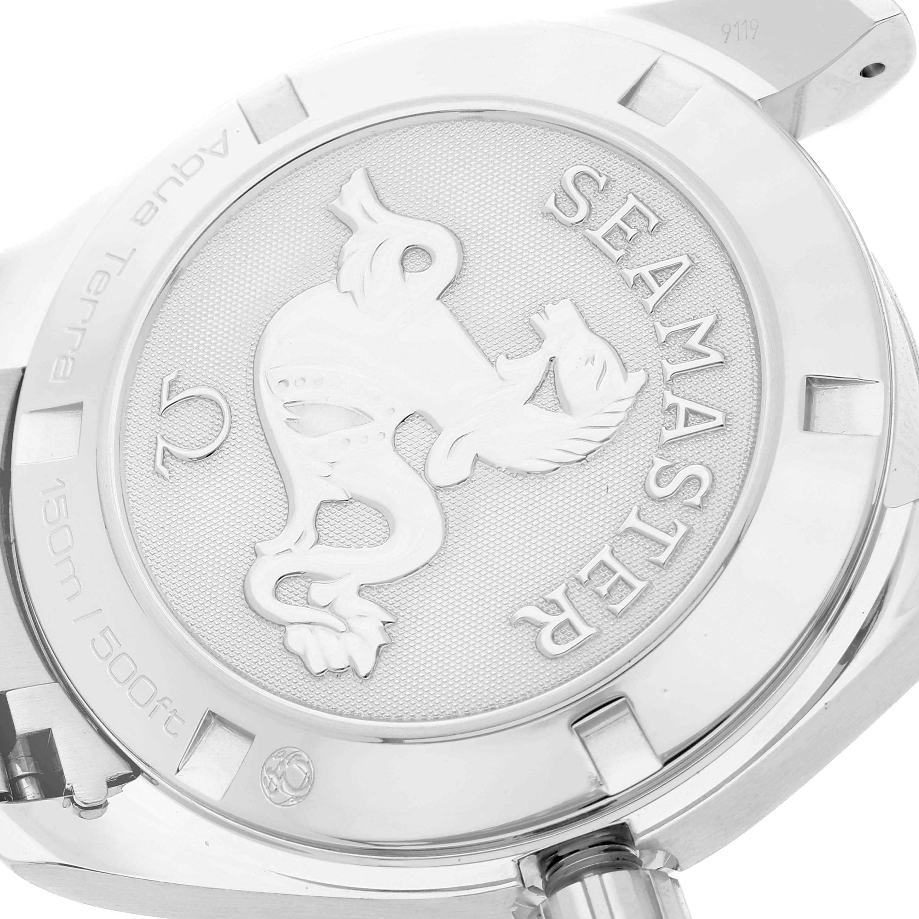 This image shows the case back of an Omega Aqua Terra 231.10.39.61.06.001 Men's Stainless Steel Grey Dial 231.10.39.61.06.001 Men's Stainless Steel Grey Dial Seamaster watch, featuring the Seamaster emblem.