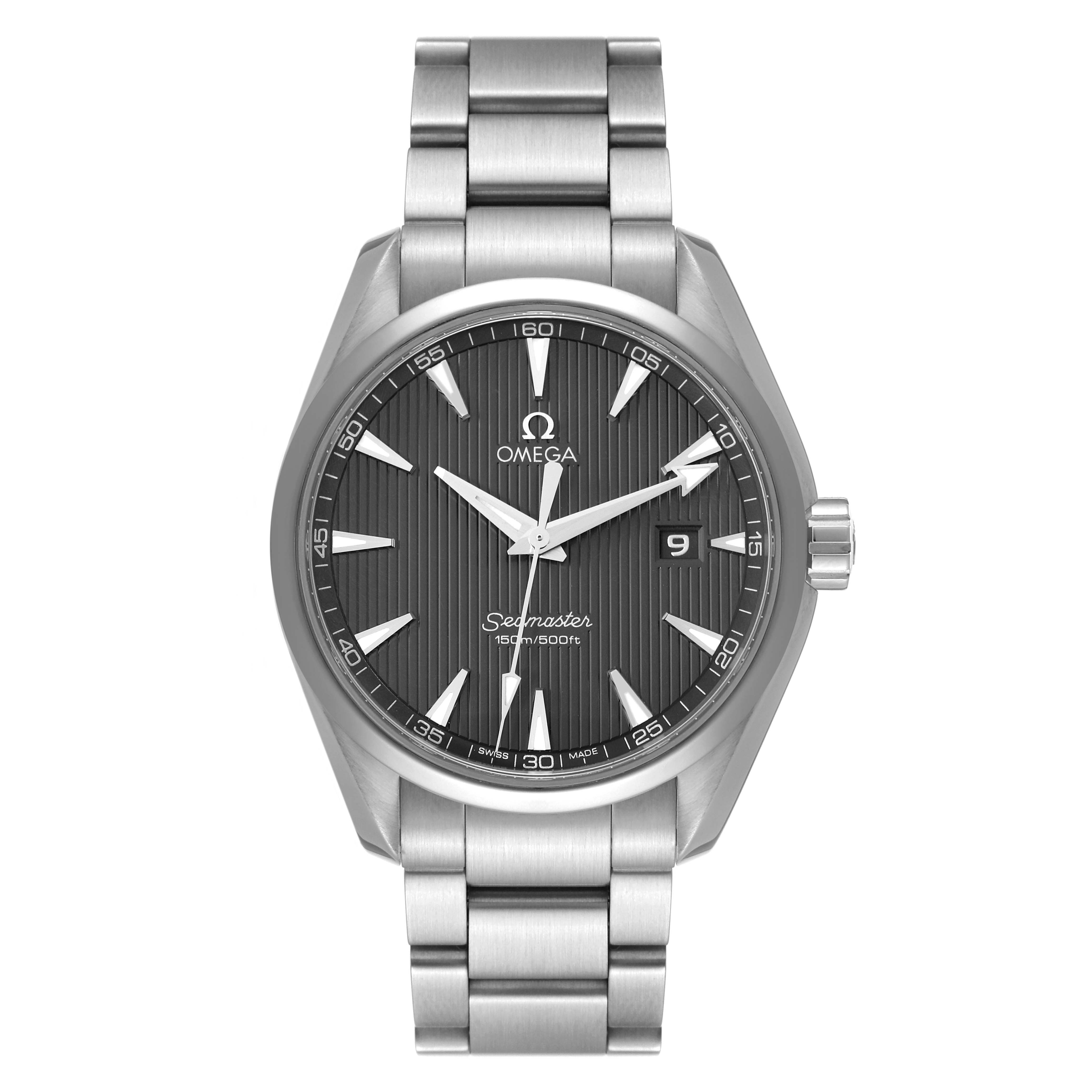 The image shows a frontal view of the Omega Aqua Terra 231.10.39.61.06.001 Men's Stainless Steel Grey Dial 231.10.39.61.06.001 Men's Stainless Steel Grey Dial Seamaster watch, displaying the dial, bracelet, and date window.