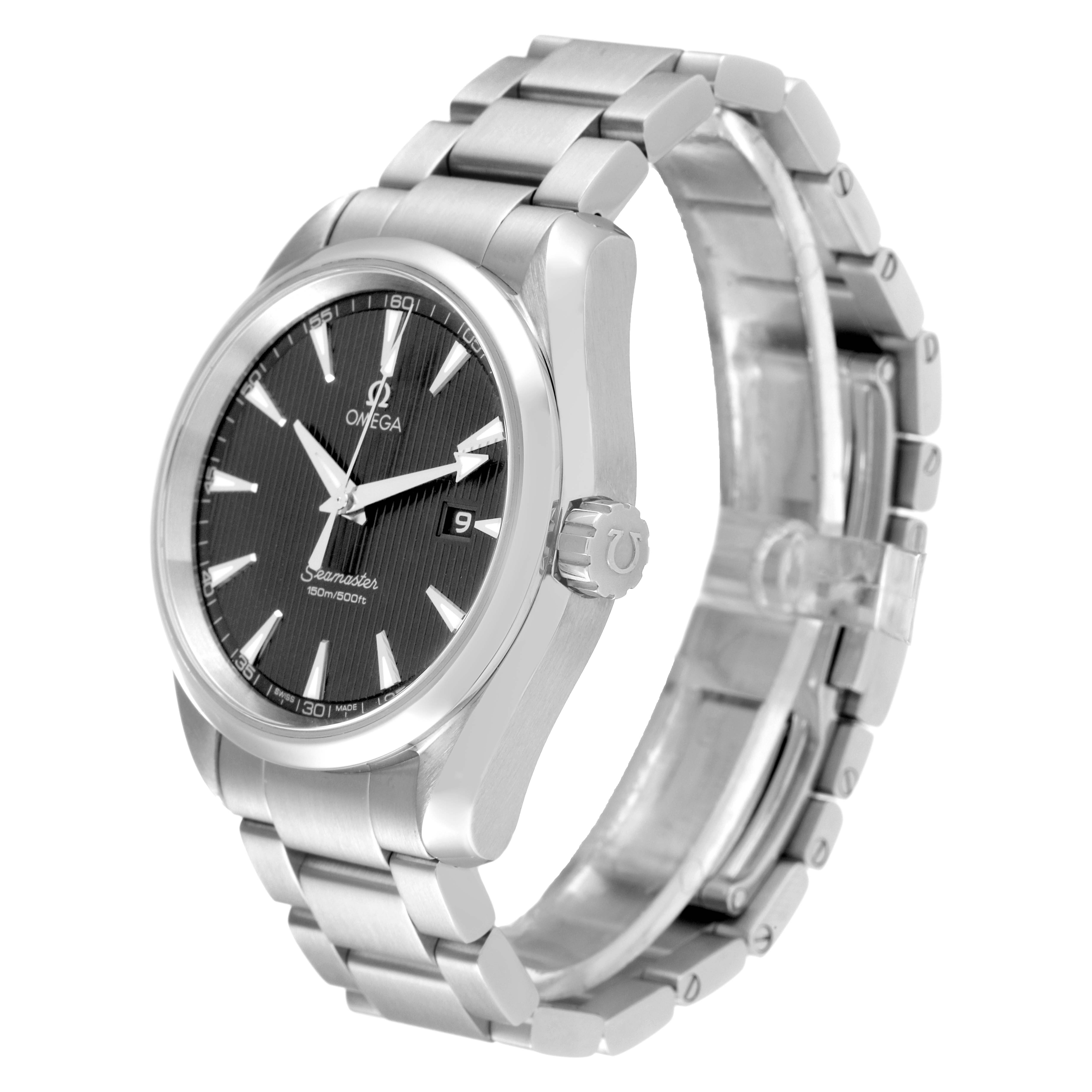 The image shows an angled view of an Omega Aqua Terra 231.10.39.61.06.001 Men's Stainless Steel Grey Dial 231.10.39.61.06.001 Men's Stainless Steel Grey Dial watch, highlighting the dial, bezel, and bracelet.