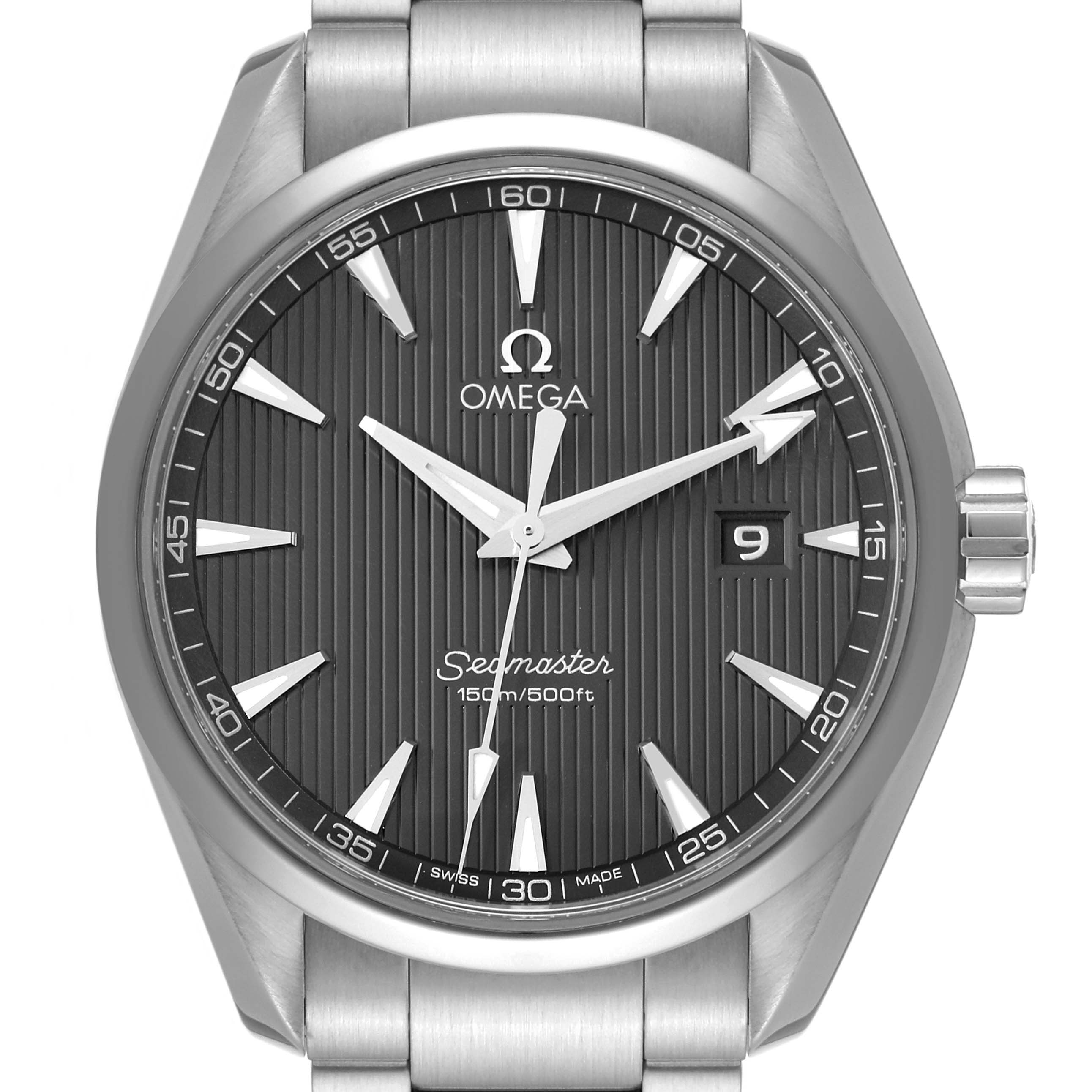 The image shows a front view of the Omega Aqua Terra 231.10.39.61.06.001 Men's Stainless Steel Grey Dial 231.10.39.61.06.001 Men's Stainless Steel Grey Dial Seamaster watch, highlighting its face, hands, and date window.