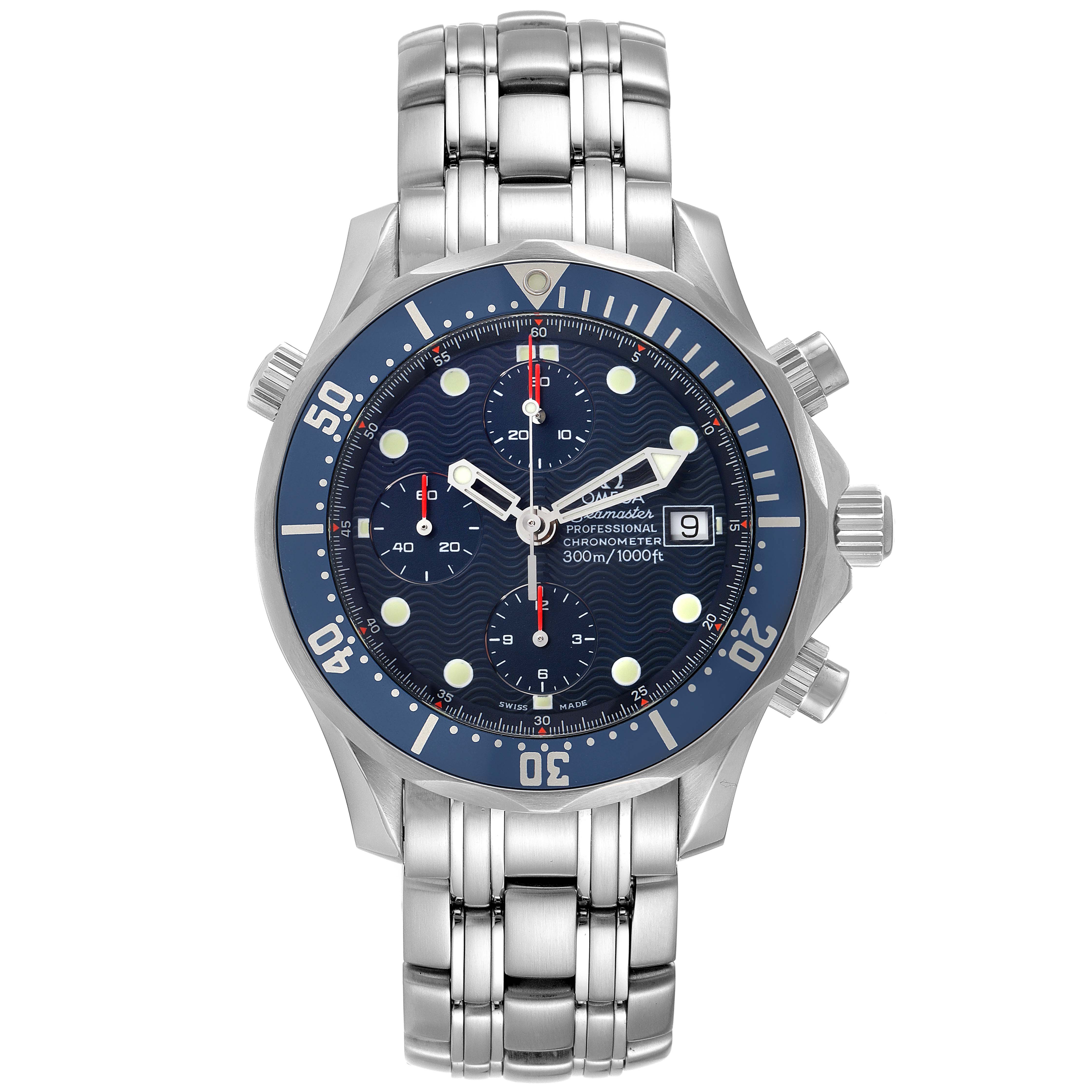 The image shows a front view of an Omega Seamaster 2599.80.00 Men's Stainless Steel Blue Dial 2599.80.00 Men's Stainless Steel Blue Dial watch, highlighting the dial, bezel, chronograph subdials, and bracelet.