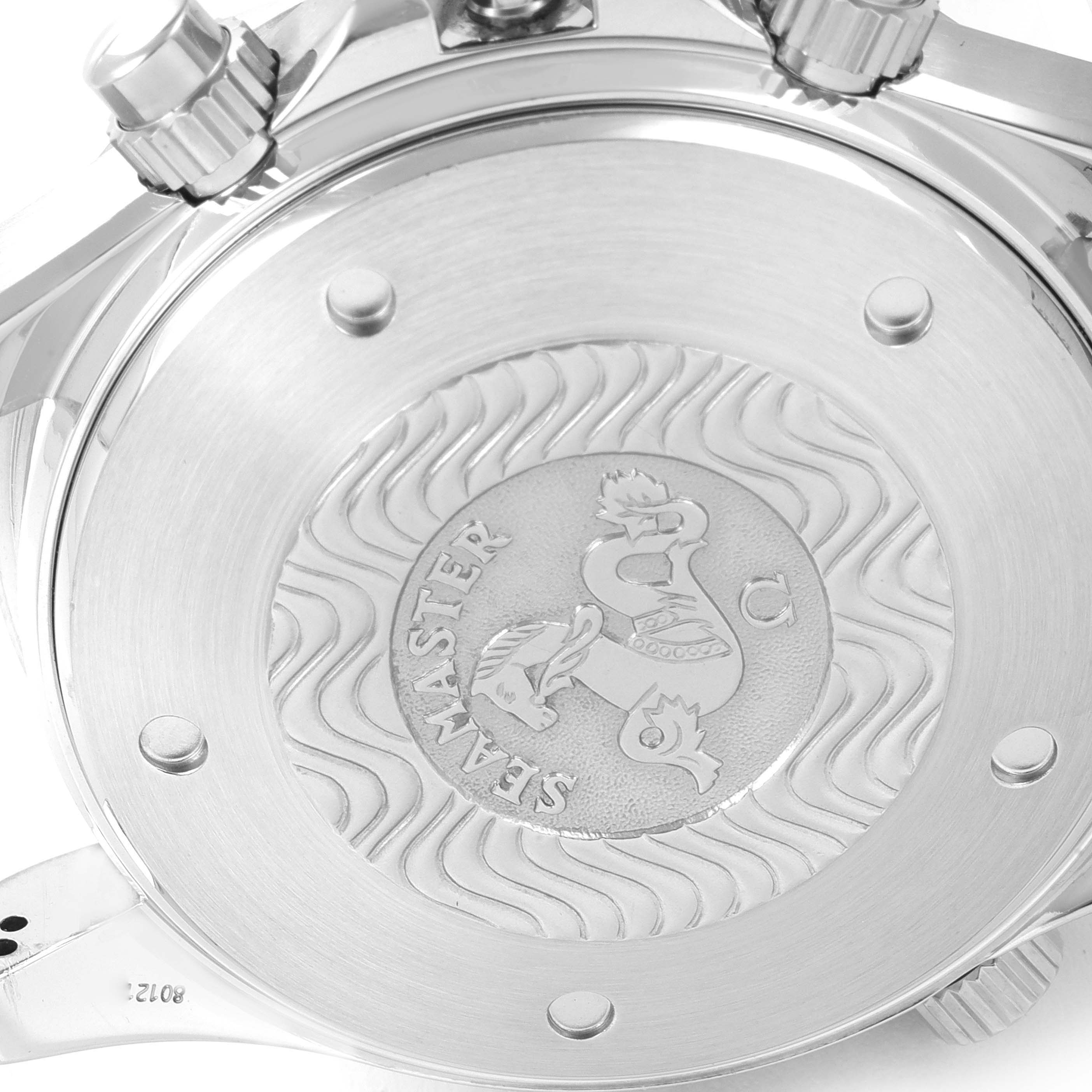 The image shows the case back of an Omega Seamaster 2599.80.00 Men's Stainless Steel Blue Dial 2599.80.00 Men's Stainless Steel Blue Dial watch with distinctive engraving and crown details.