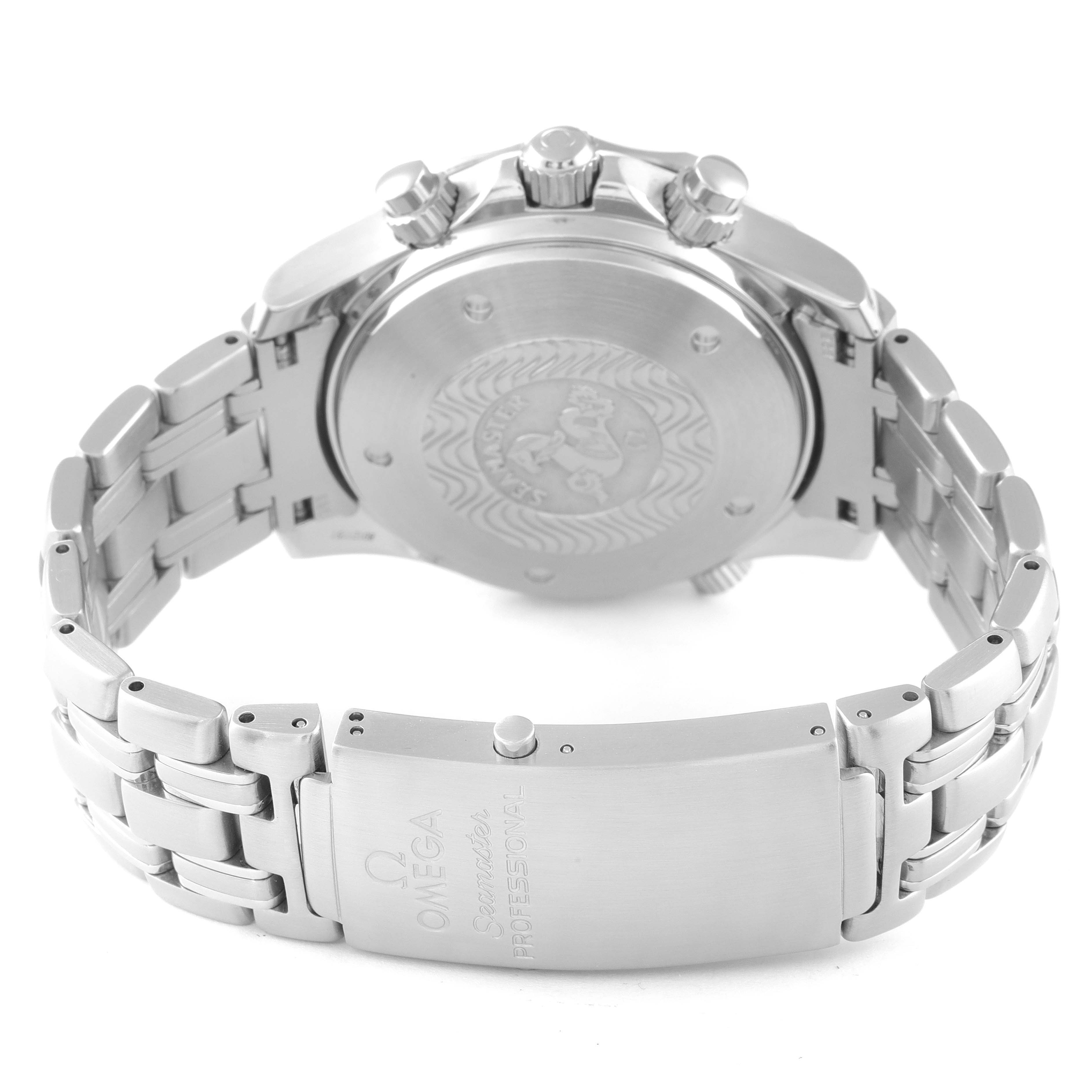 The image shows the back case and bracelet clasp of the Omega Seamaster 2599.80.00 Men's Stainless Steel Blue Dial 2599.80.00 Men's Stainless Steel Blue Dial watch at an angled view.