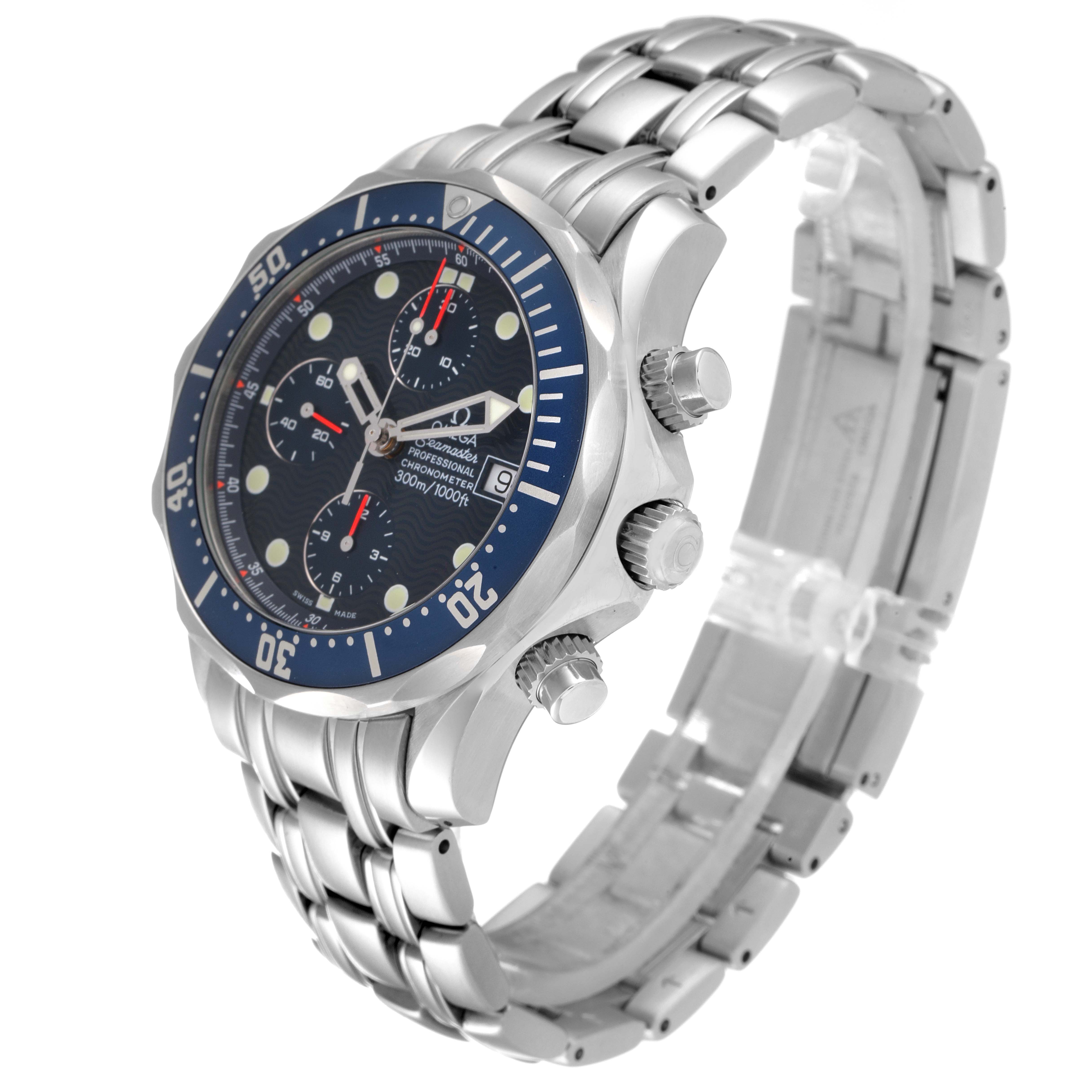 The Omega Seamaster 2599.80.00 Men's Stainless Steel Blue Dial 2599.80.00 Men's Stainless Steel Blue Dial watch is shown at a three-quarter angle, displaying its face, bezel, chronograph buttons, and metal bracelet.