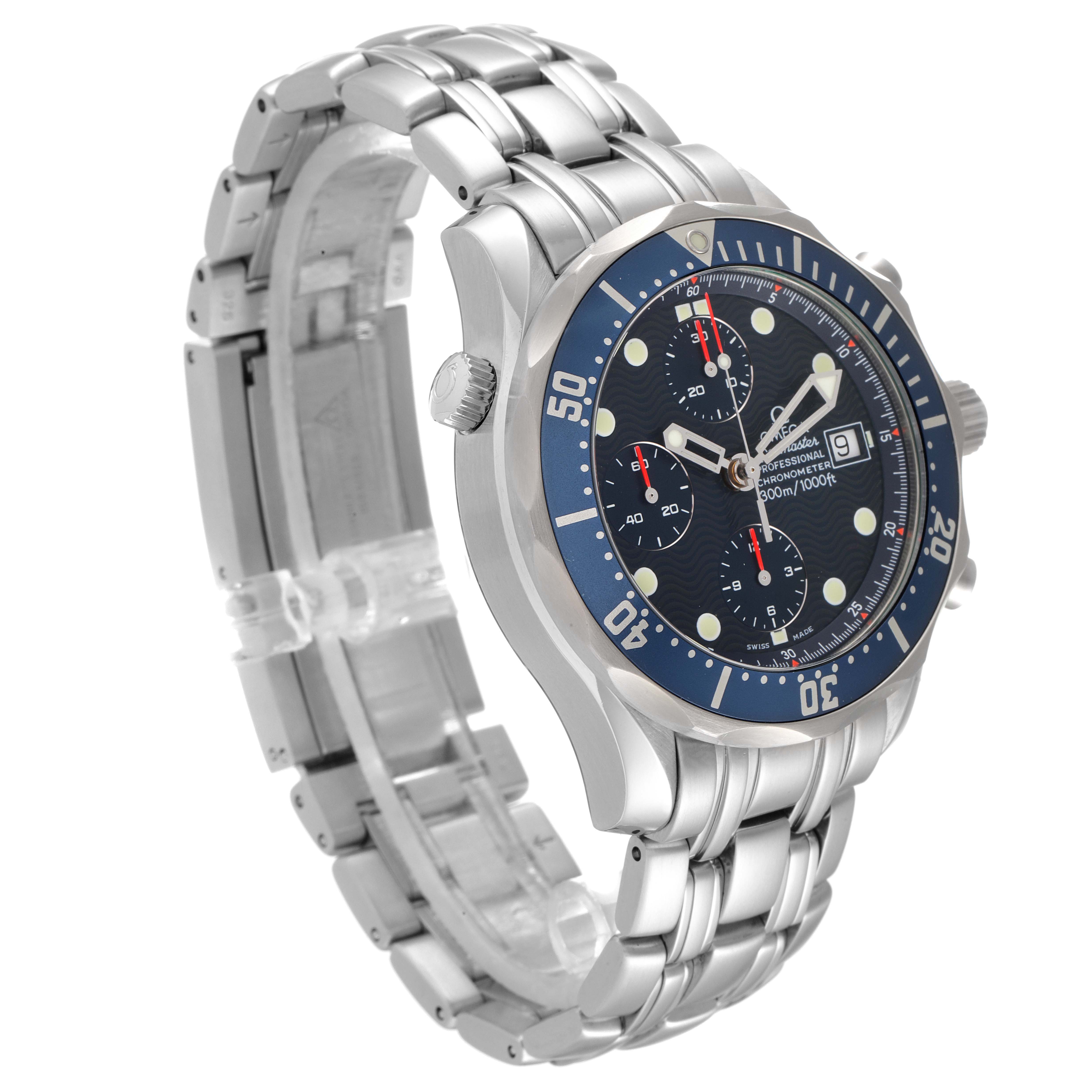The image shows a 3/4 angled view of an Omega Seamaster 2599.80.00 Men's Stainless Steel Blue Dial 2599.80.00 Men's Stainless Steel Blue Dial watch, highlighting its blue dial, silver bracelet, and bezel.