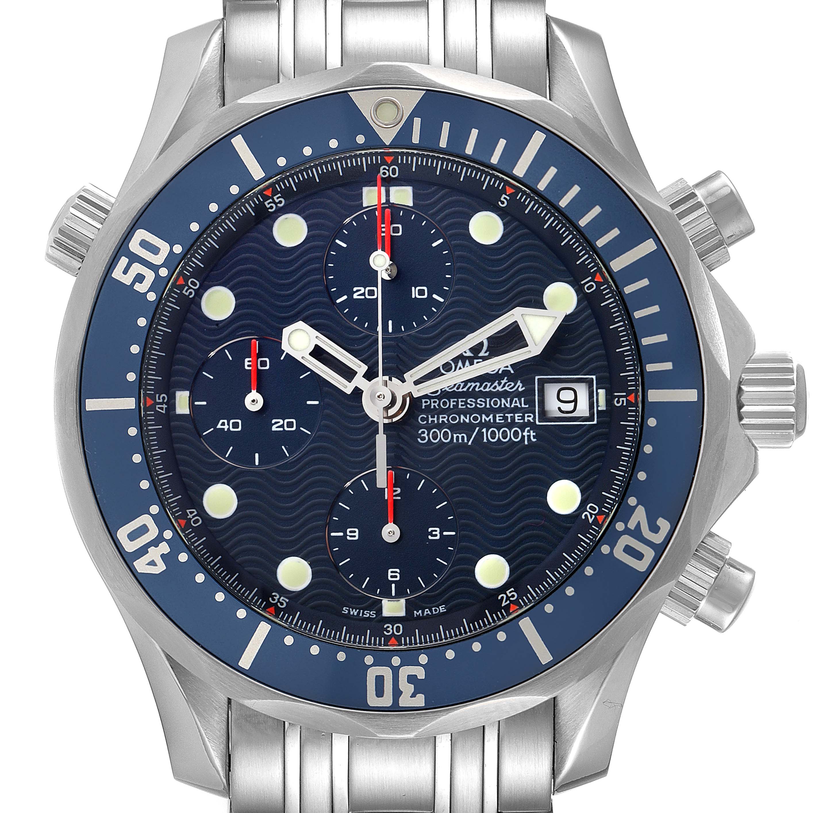 The image shows a front view of the Omega Seamaster 2599.80.00 Men's Stainless Steel Blue Dial 2599.80.00 Men's Stainless Steel Blue Dial watch, displaying its dial, bezel, and bracelet.