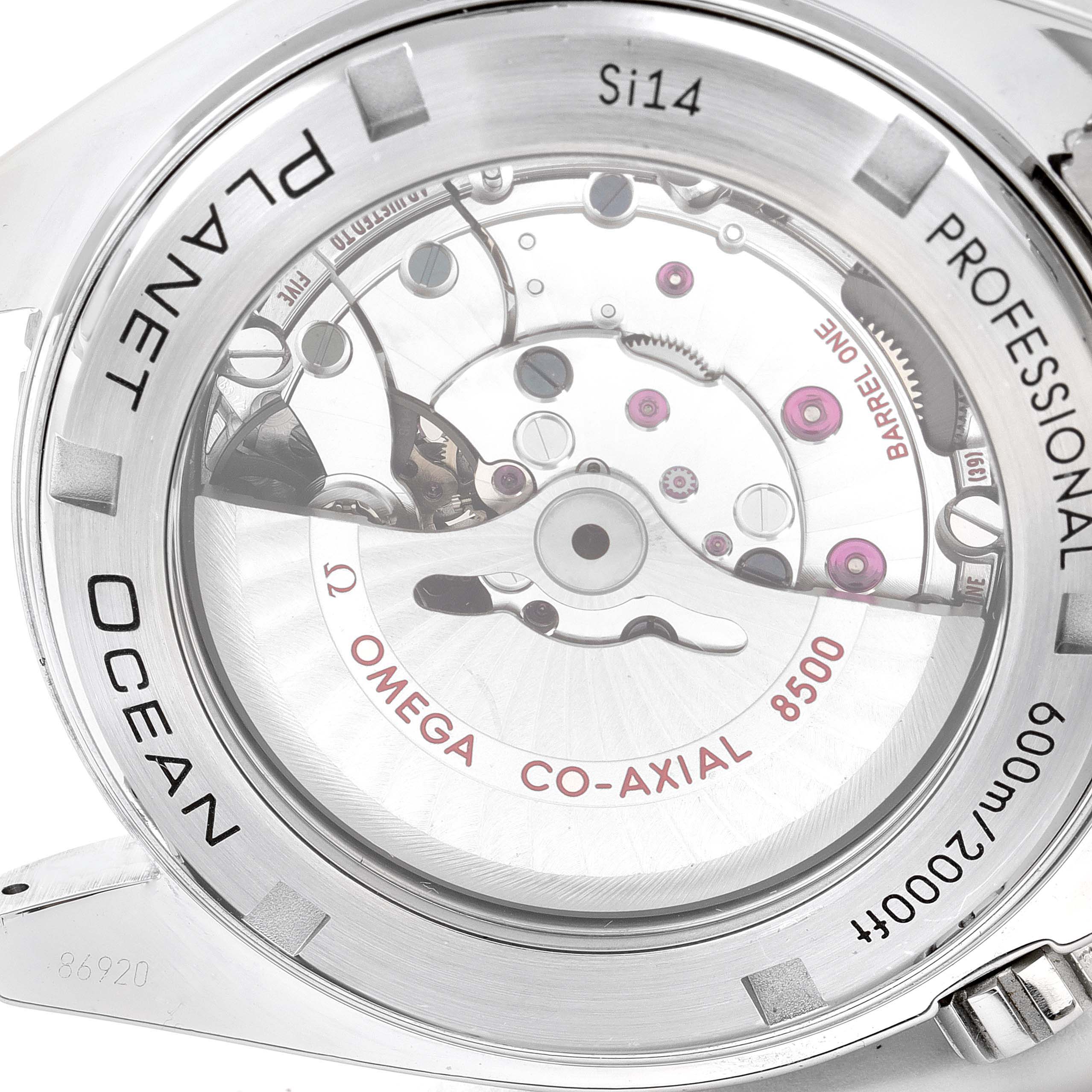 The image shows the back view of the Omega Planet Ocean 232.30.46.21.01.001 Men's Stainless Steel Black Dial 232.30.46.21.01.001 Men's Stainless Steel Black Dial watch, highlighting its Co-Axial 8500 movement.