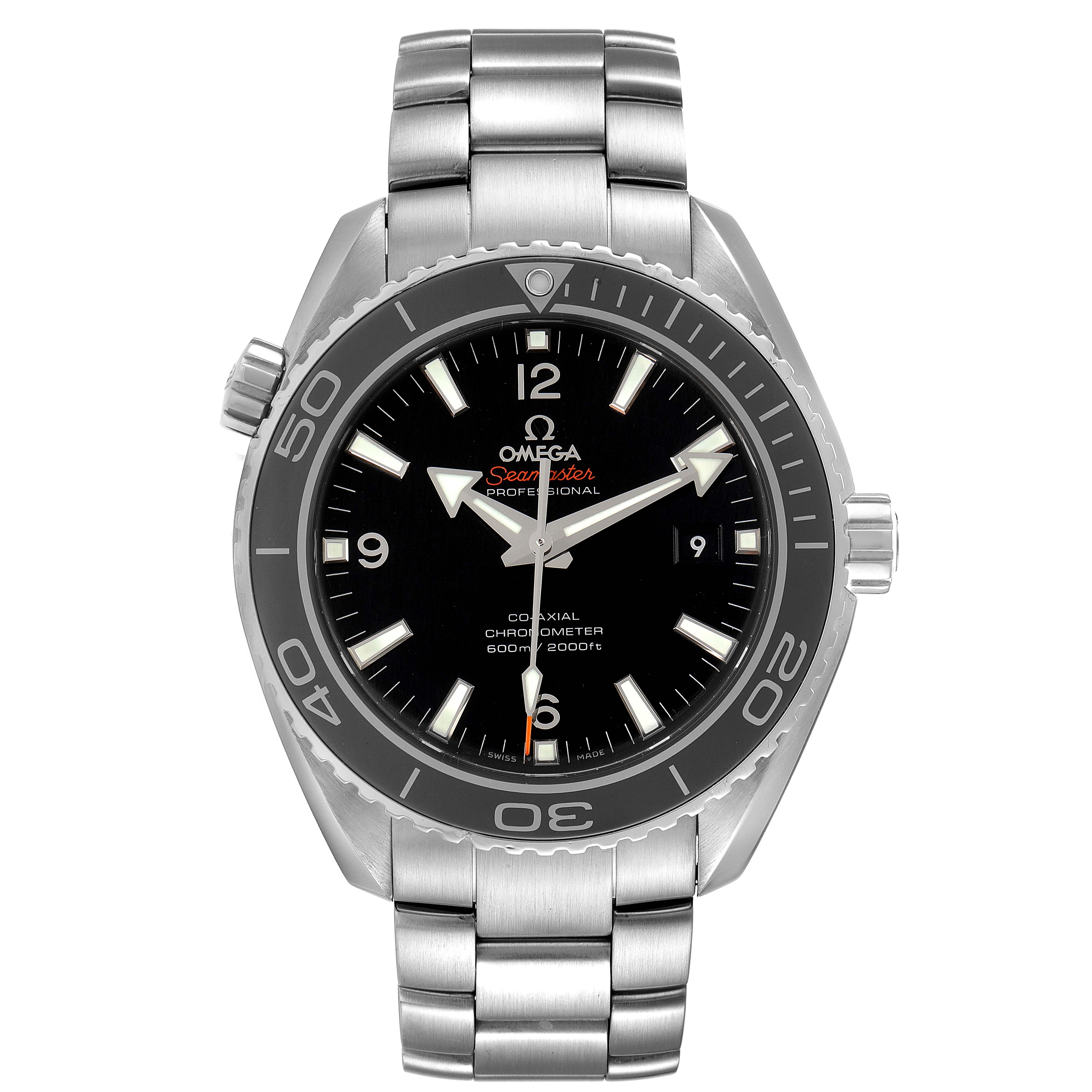 The image shows a front view of the Omega Planet Ocean 232.30.46.21.01.001 Men's Stainless Steel Black Dial 232.30.46.21.01.001 Men's Stainless Steel Black Dial watch, highlighting the dial, bezel, and stainless steel bracelet.
