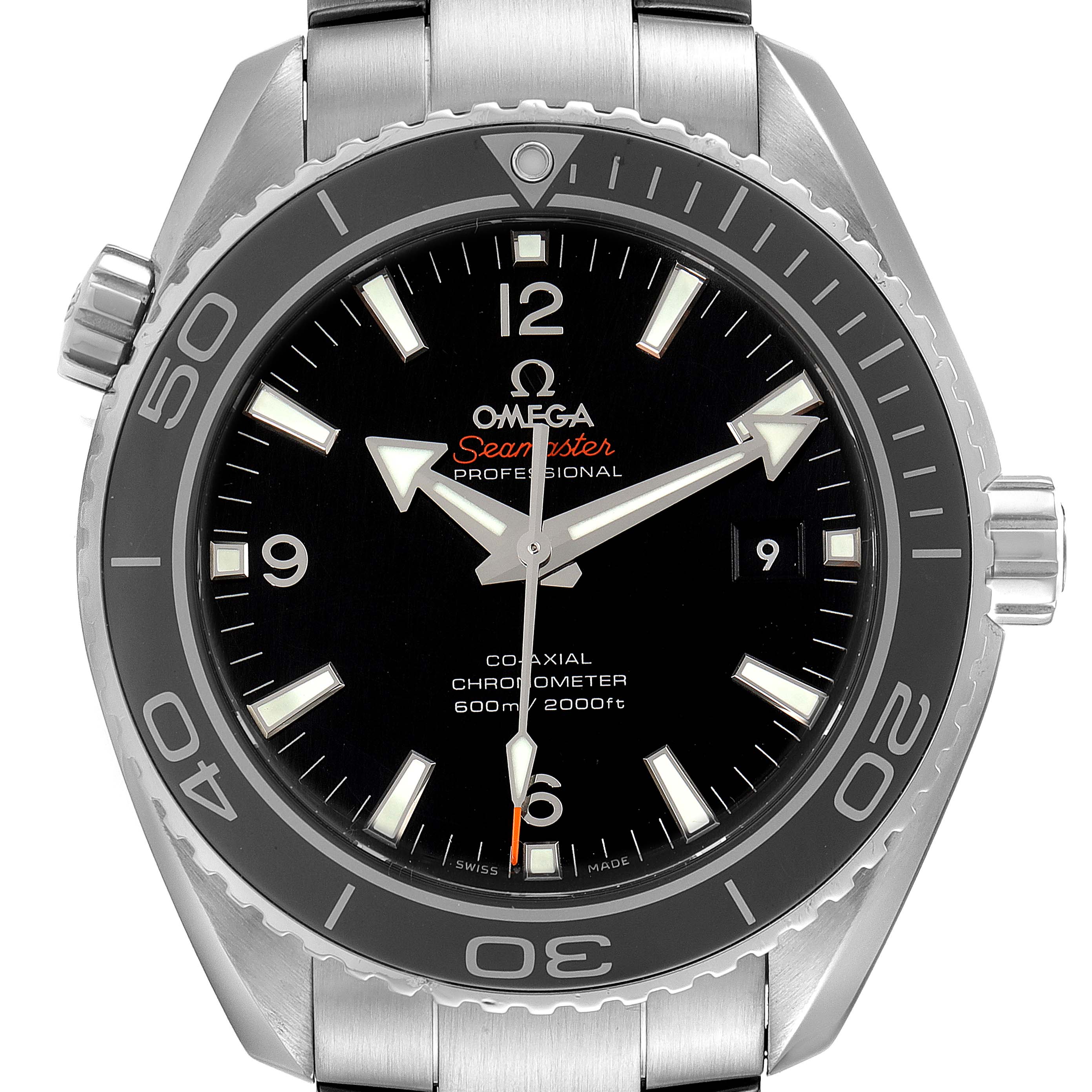The image shows a front view of an Omega Seamaster Planet Ocean watch, highlighting the dial, bezel, and part of the bracelet.