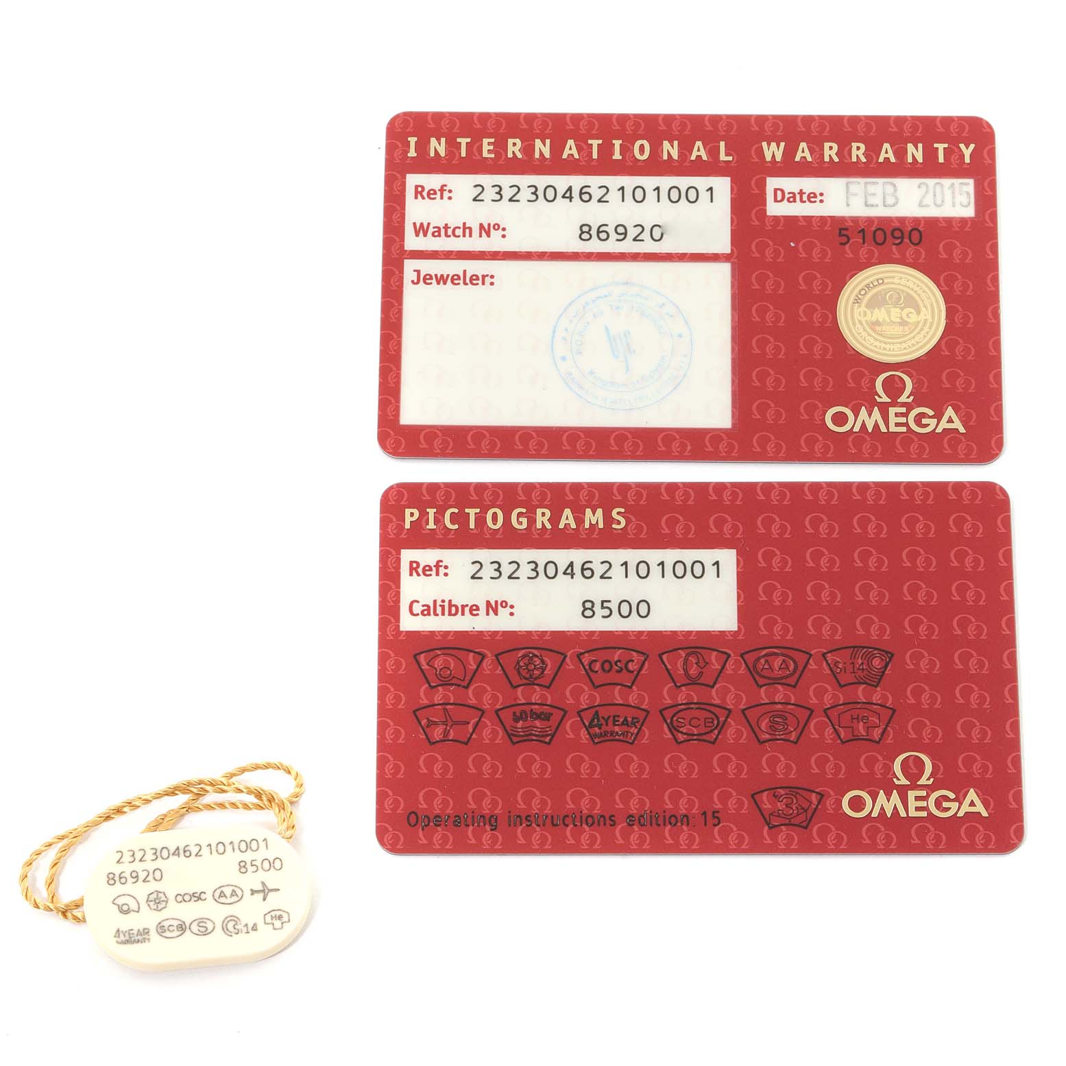 The image shows warranty and pictogram cards and a hang tag for the Omega Planet Ocean 232.30.46.21.01.001 Men's Stainless Steel Black Dial 232.30.46.21.01.001 Men's Stainless Steel Black Dial watch model.