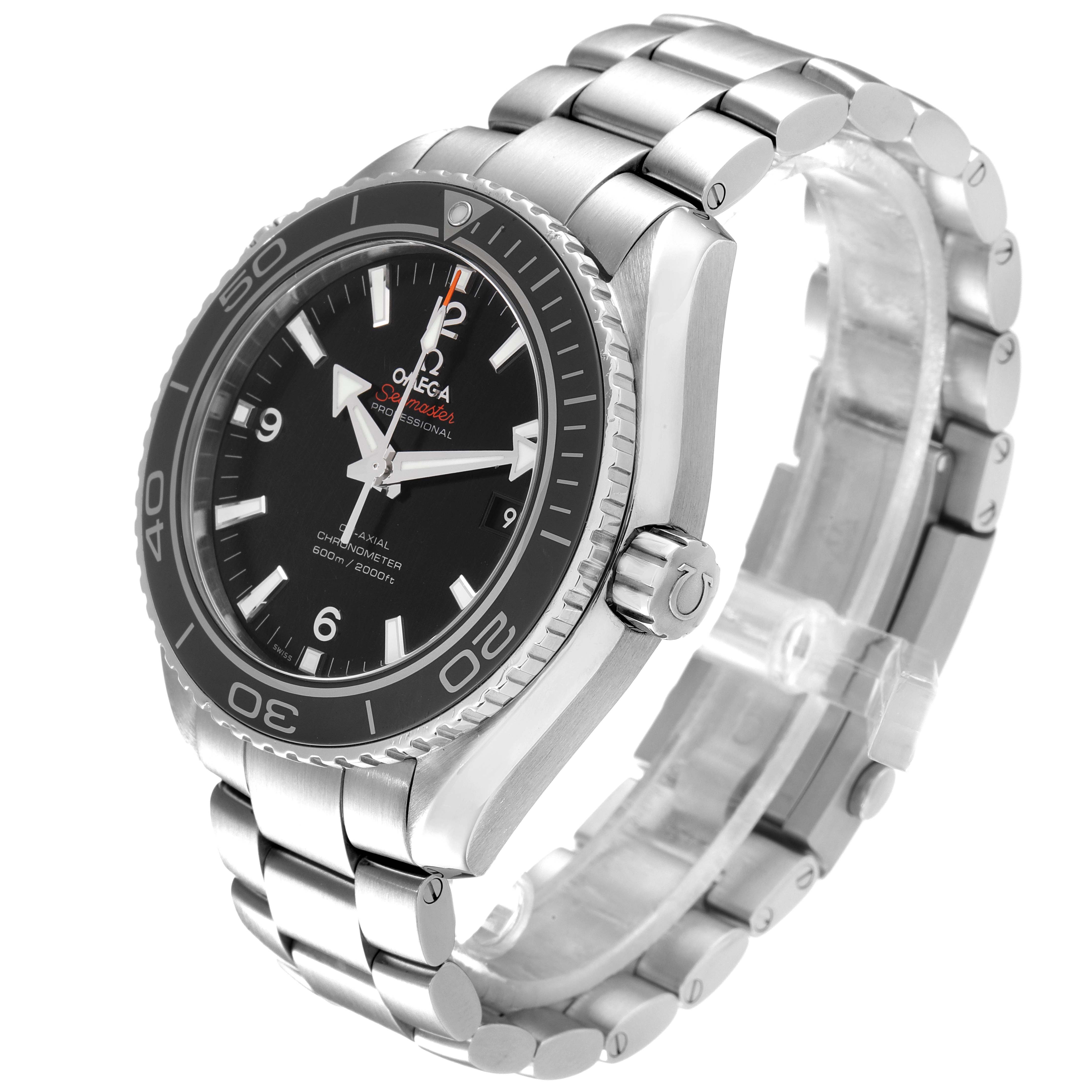 The Omega Planet Ocean 232.30.46.21.01.001 Men's Stainless Steel Black Dial 232.30.46.21.01.001 Men's Stainless Steel Black Dial watch is shown at an angled side view, displaying its dial, bezel, crown, and bracelet.