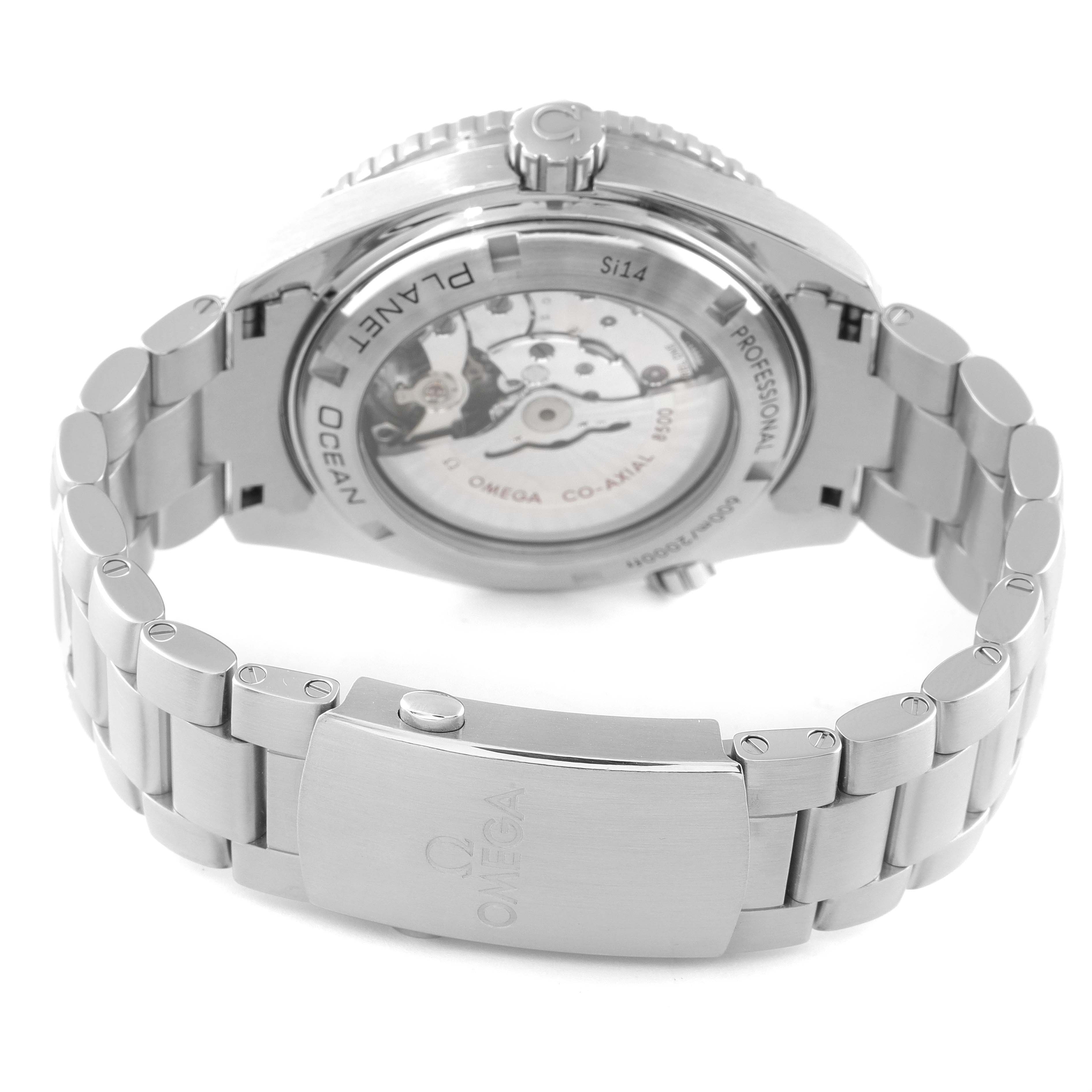 The image shows the back view of an Omega Planet Ocean 232.30.46.21.01.001 Men's Stainless Steel Black Dial 232.30.46.21.01.001 Men's Stainless Steel Black Dial watch, highlighting the case back, clasp, and bracelet.