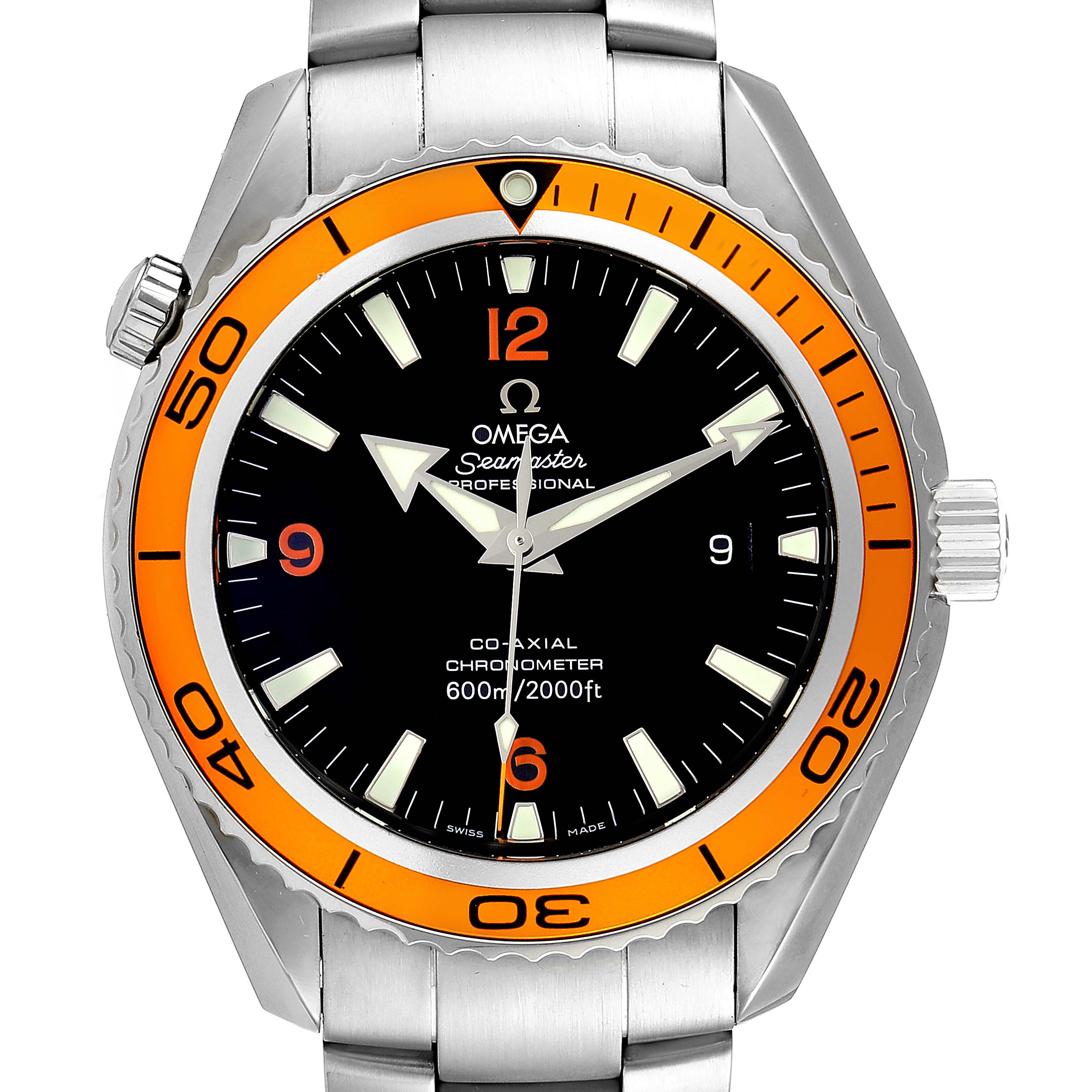 The image shows a front view of the Omega Seamaster Planet Ocean watch, highlighting its orange bezel, black dial, and stainless steel bracelet.