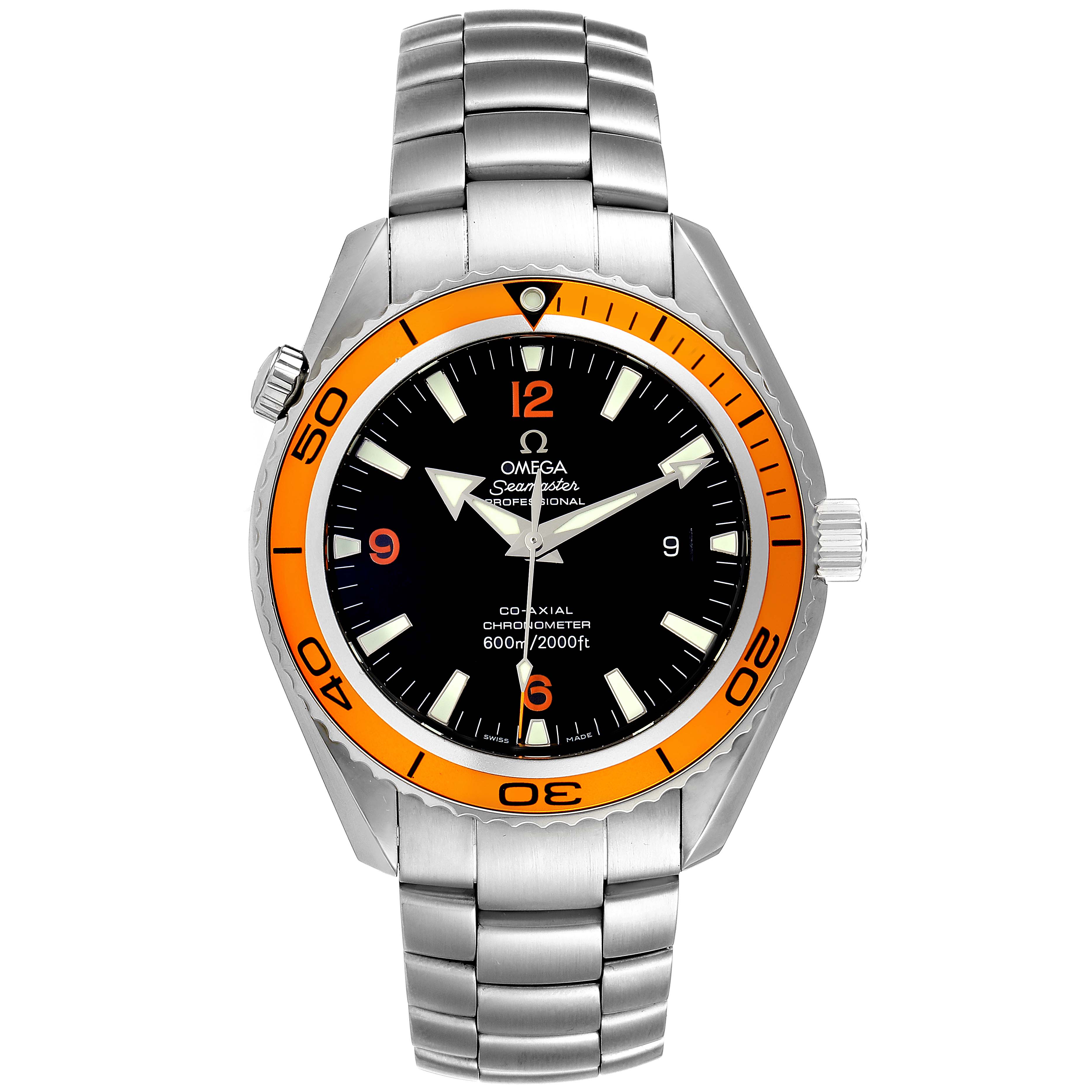 The image shows a front view of an Omega Planet Ocean 2208.50.00 Men
s Stainless Steel Black Dial 2208.50.00 Men
s Stainless Steel Black Dial watch with a stainless steel bracelet and orange bezel.