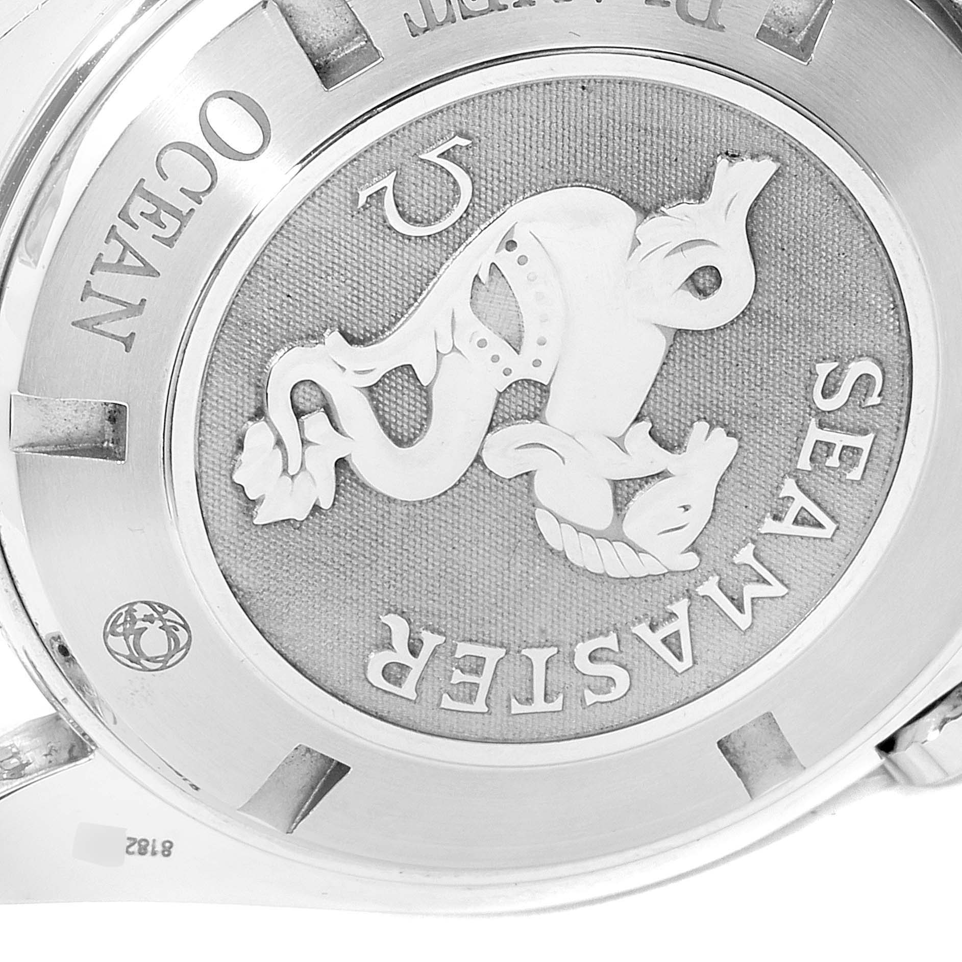 The image shows the case back of the Omega Planet Ocean 2208.50.00 Men
s Stainless Steel Black Dial 2208.50.00 Men
s Stainless Steel Black Dial watch, featuring the Seamaster engraving and emblem.