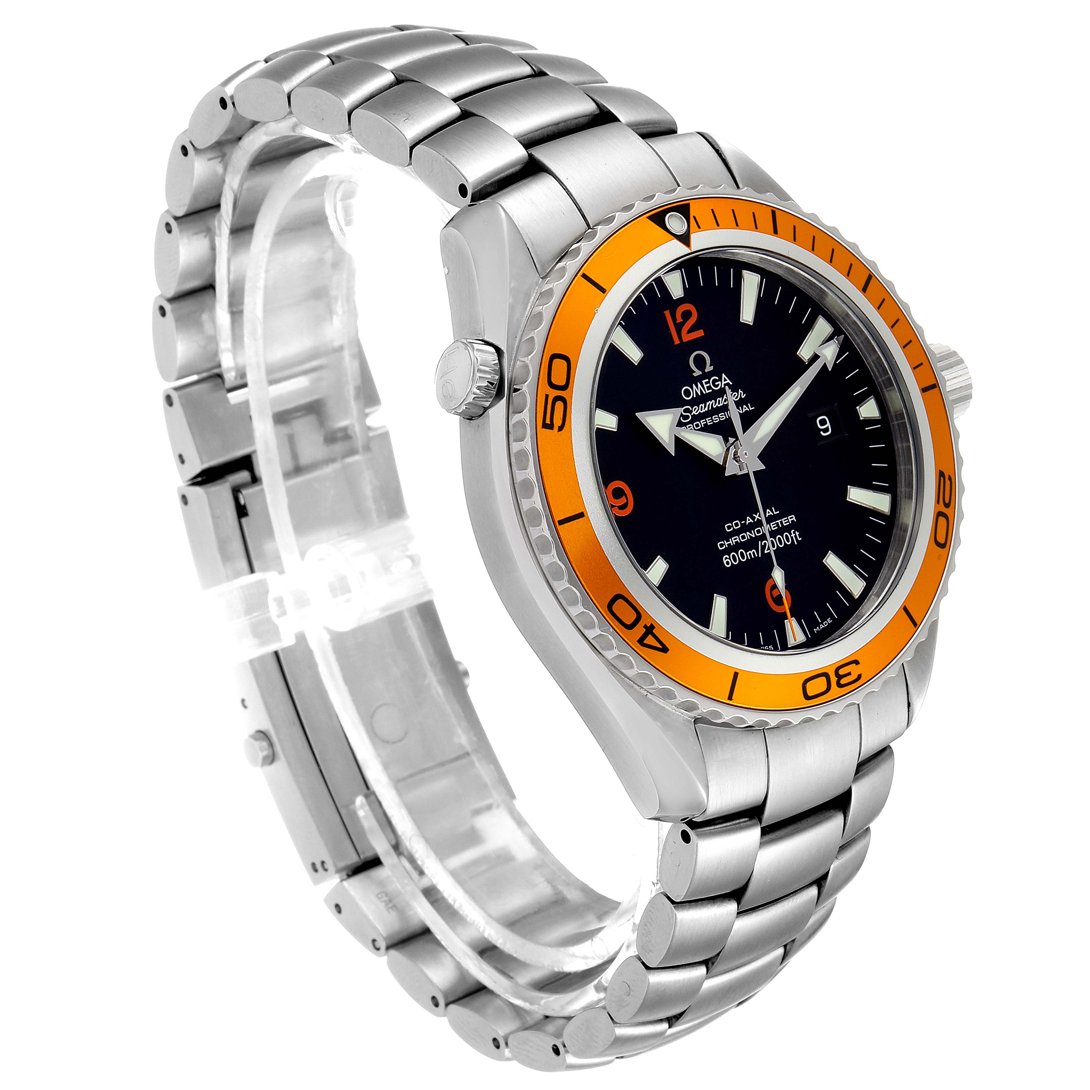 The Omega Planet Ocean 2208.50.00 Men
s Stainless Steel Black Dial 2208.50.00 Men
s Stainless Steel Black Dial watch is shown at a front-left angle, highlighting the bezel, dial, crown, and bracelet.