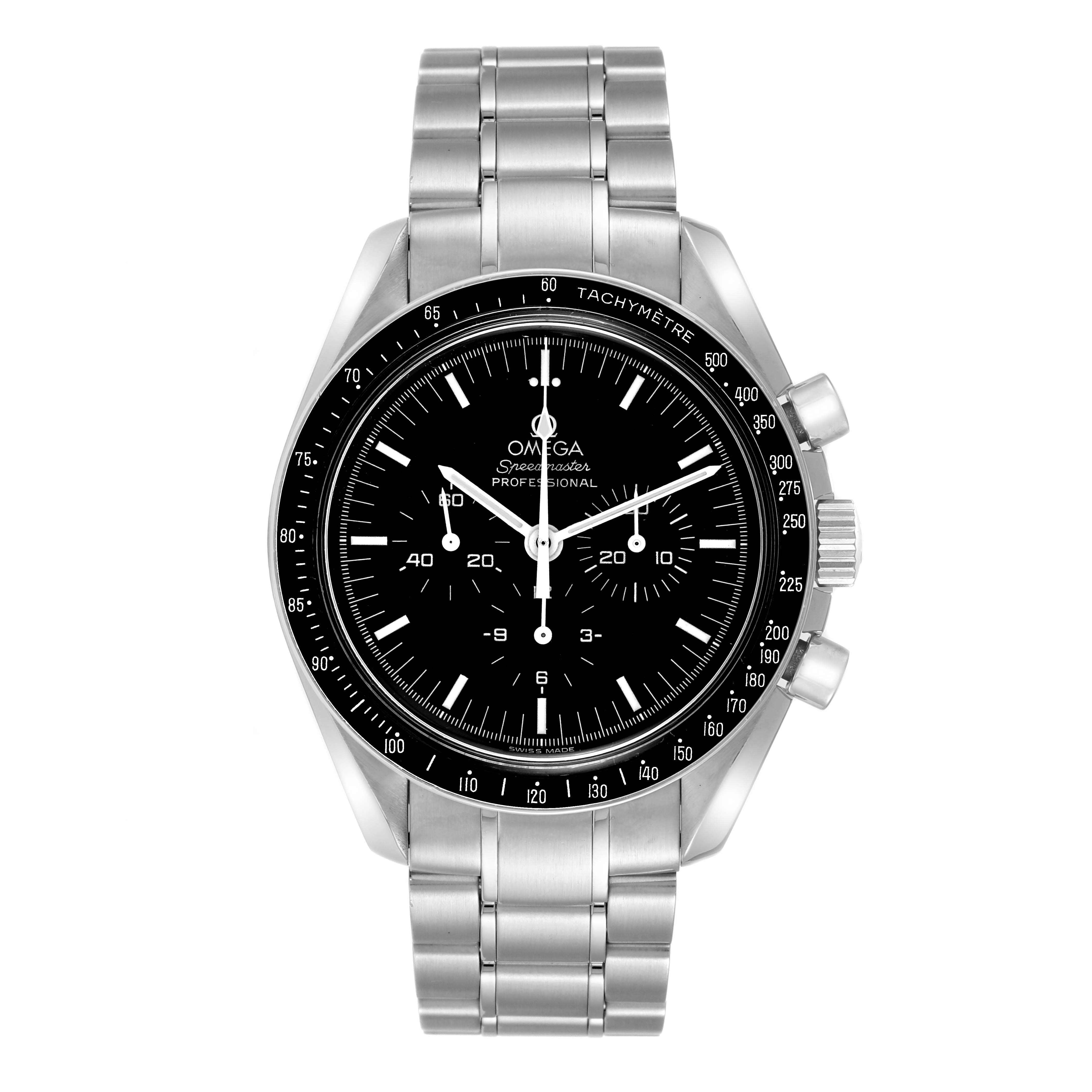 The image shows a front view of the Omega Speedmaster 3574.51.00 Men's Stainless Steel Black Dial 3574.51.00 Men's Stainless Steel Black Dial watch, displaying the dial, bezel, pushers, crown, and stainless steel bracelet.