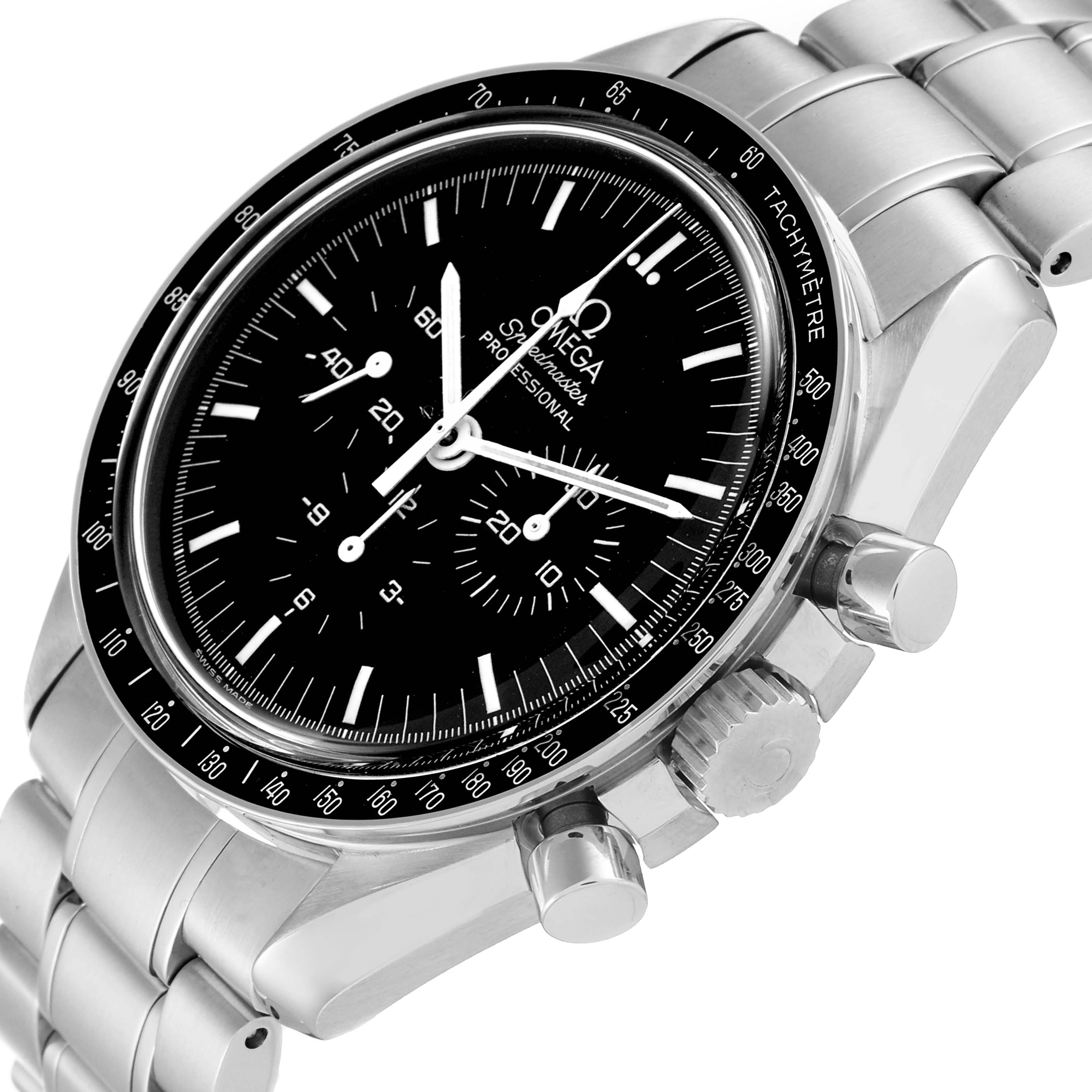This image shows a close-up of the Omega Speedmaster 3574.51.00 Men's Stainless Steel Black Dial 3574.51.00 Men's Stainless Steel Black Dial watch's face, crown, pushers, and a portion of its bracelet from a tilted angle.