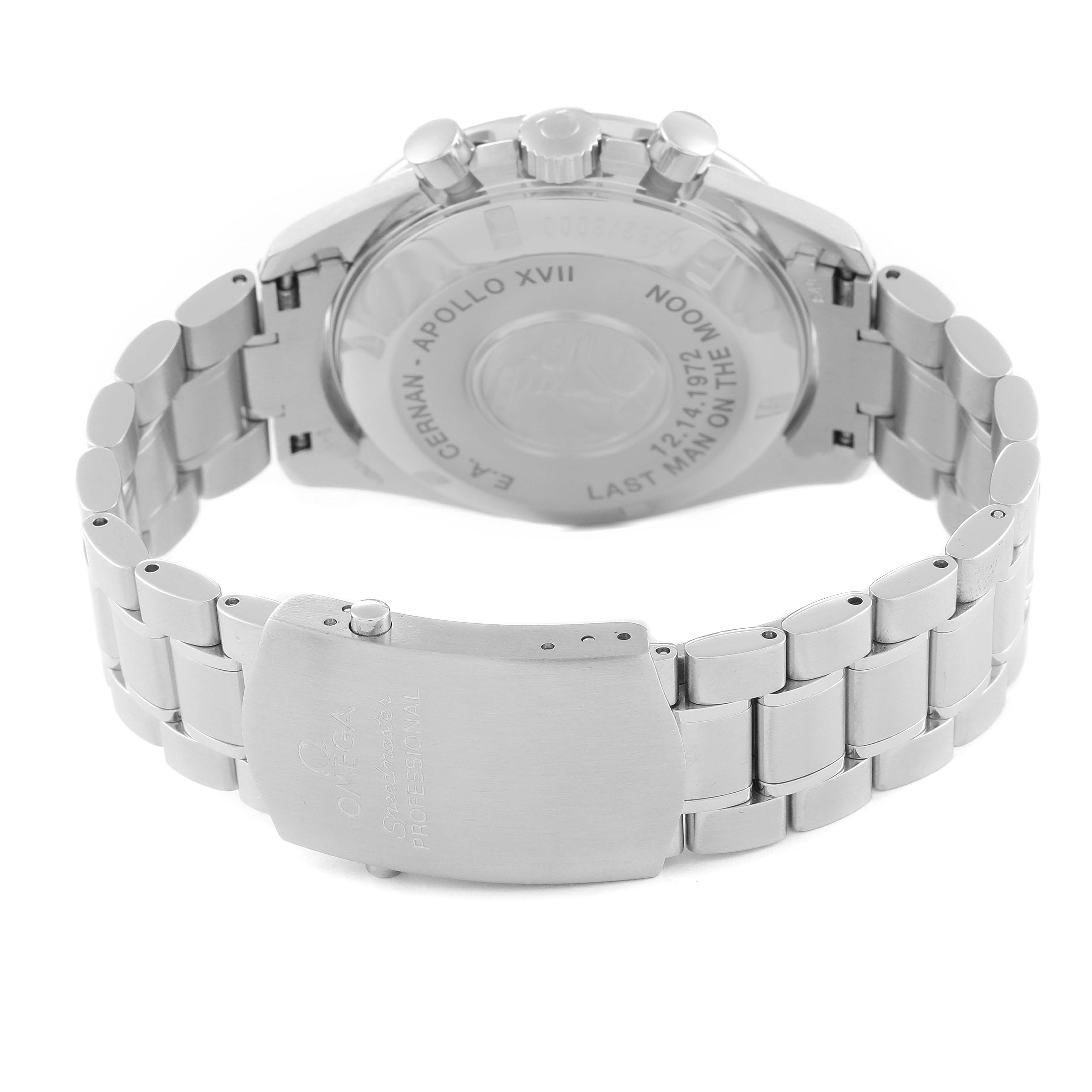 The image shows the back of the Omega Speedmaster 3574.51.00 Men's Stainless Steel Black Dial 3574.51.00 Men's Stainless Steel Black Dial watch, highlighting the clasp and engraved case back.