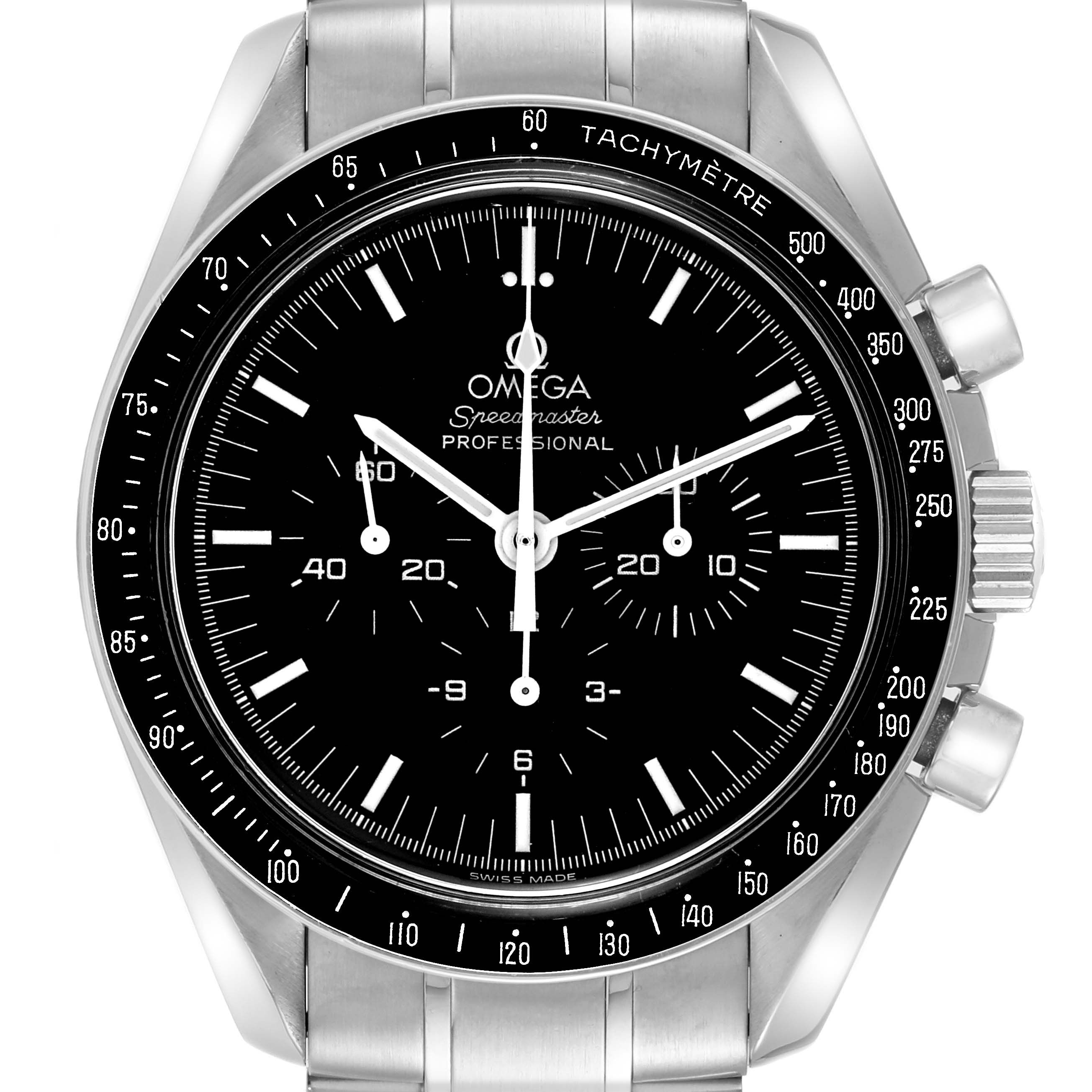 The image shows a frontal view of the Omega Speedmaster 3574.51.00 Men's Stainless Steel Black Dial 3574.51.00 Men's Stainless Steel Black Dial watch face and bezel, featuring its tachymeter scale, subdials, and part of the metal bracelet.