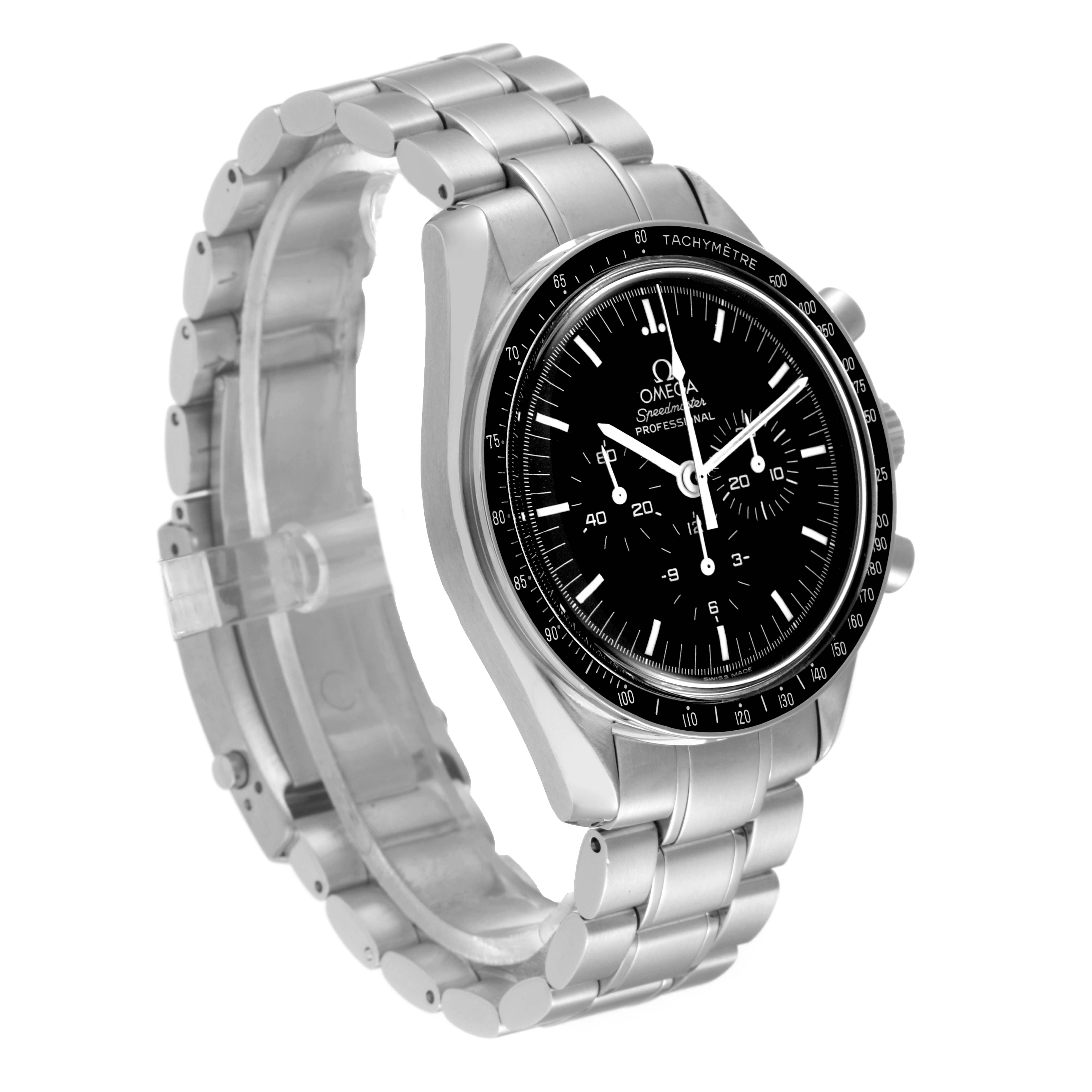 The image shows a side and front angle of the Omega Speedmaster 3574.51.00 Men's Stainless Steel Black Dial 3574.51.00 Men's Stainless Steel Black Dial watch, highlighting its face, bezel, and metal bracelet.