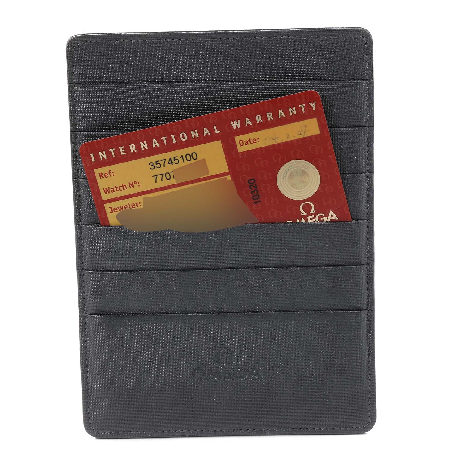 The image shows an Omega Speedmaster 3574.51.00 Men's Stainless Steel Black Dial 3574.51.00 Men's Stainless Steel Black Dial International Warranty card held inside a black cardholder.