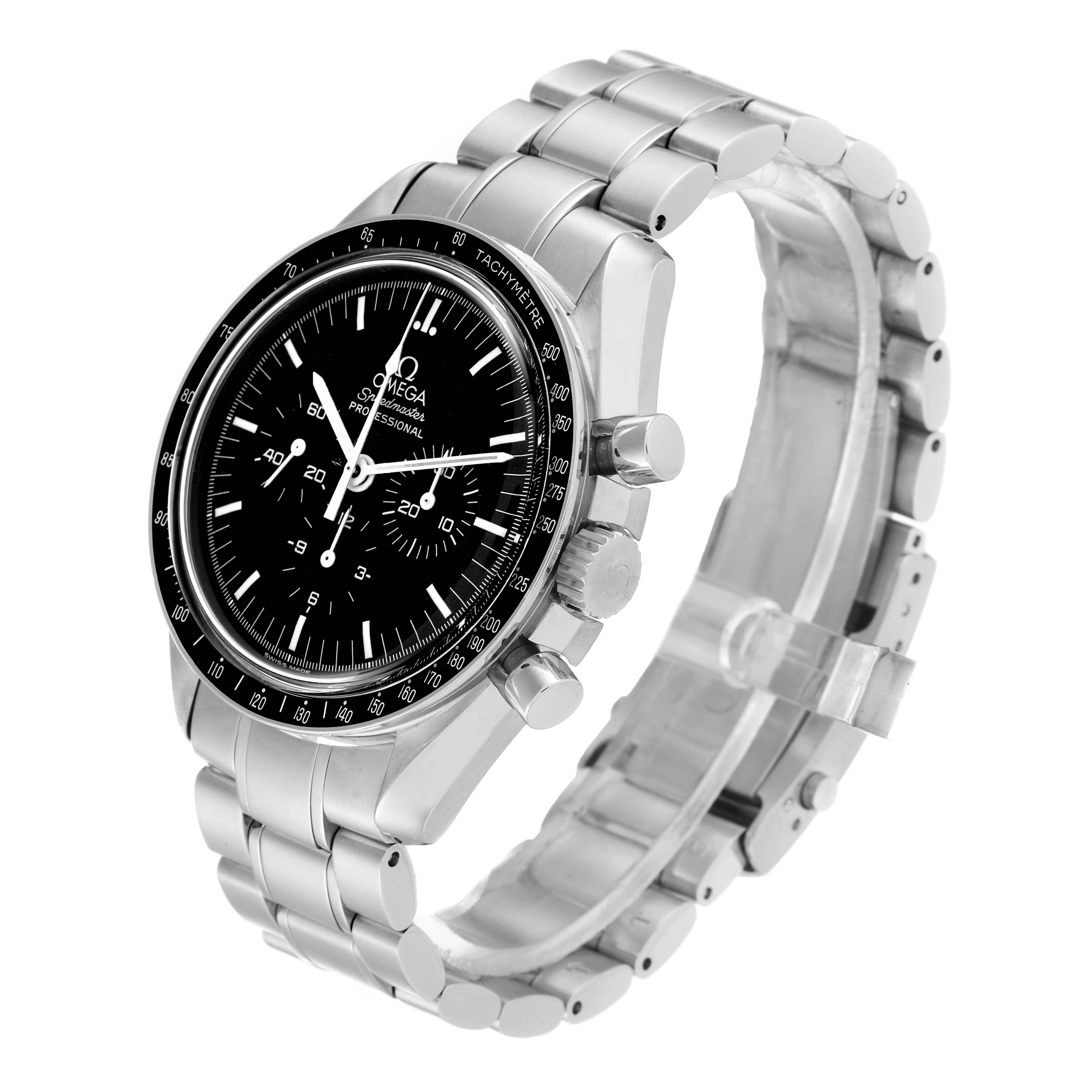 The Omega Speedmaster 3574.51.00 Men's Stainless Steel Black Dial 3574.51.00 Men's Stainless Steel Black Dial watch is displayed at a 3/4 angle, showing the face, bezel, crown, and stainless steel bracelet.