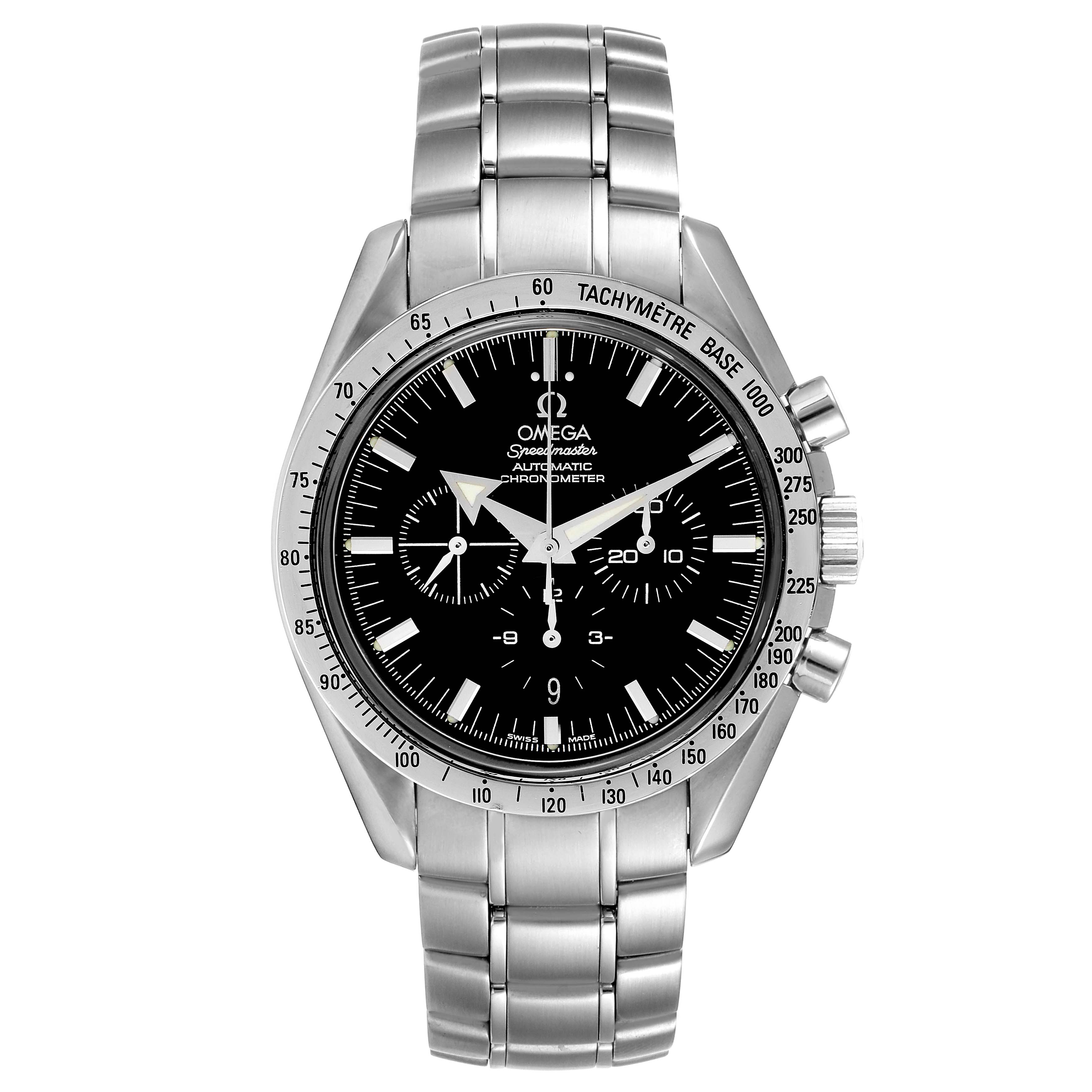 The Omega Speedmaster 3551.50.00 Men
s Stainless Steel Black Dial 3551.50.00 Men
s Stainless Steel Black Dial watch is shown from a front angle, highlighting its stainless steel case, bracelet, and black dial with chronograph features.
